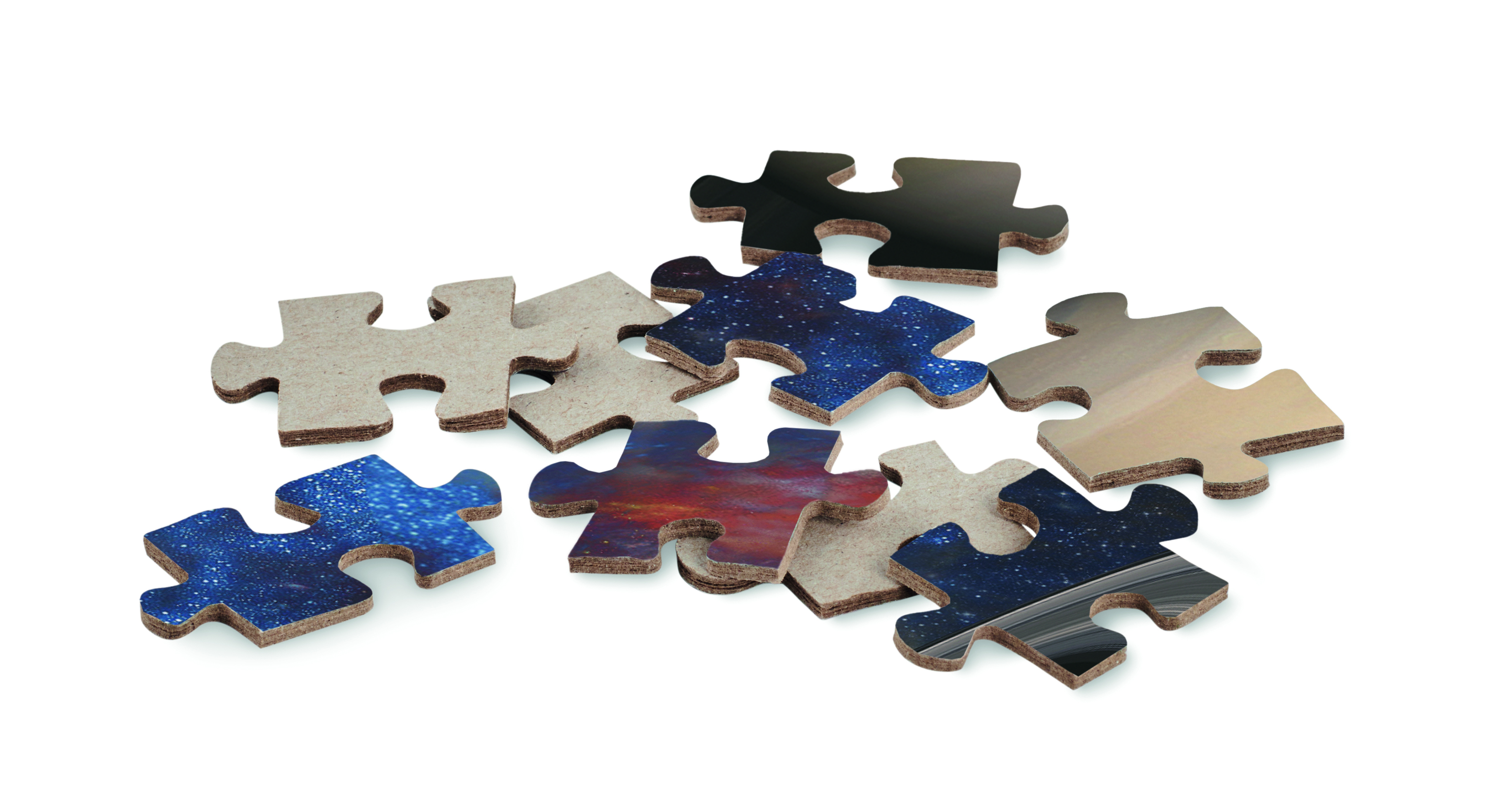 Puzzleteile, Puzzlesatz, Weltraumbild, Galaxie Muster, bunte Stücke, Puzzle pieces, Interlocking pieces, Wood composite, Colorful pattern, Galaxy/space print, Puzzle-Teile, Puzzleteile, Puzzle, Verschlussende Teile, Weltraum Muster