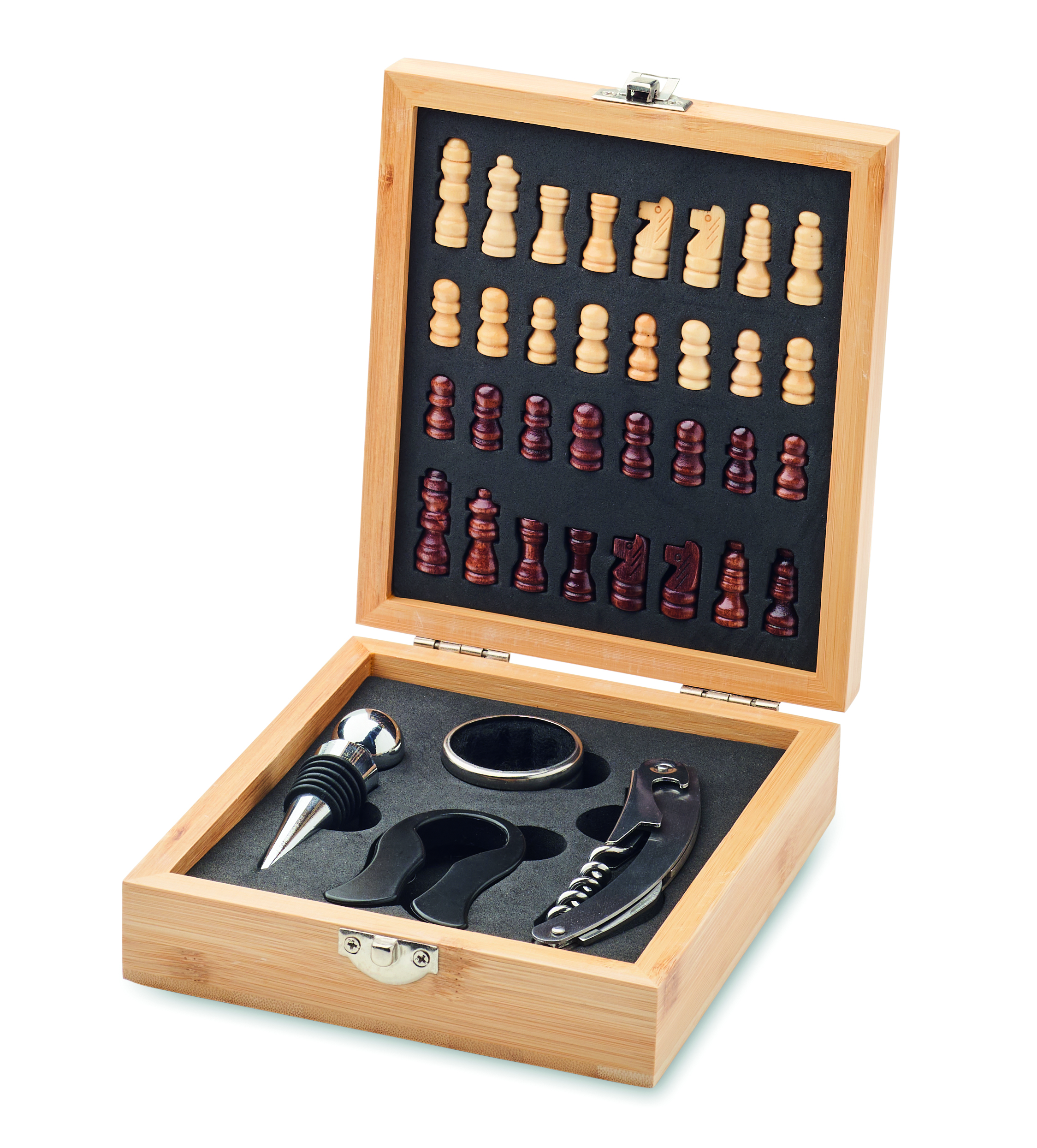 Schachbrett, Schachfiguren, Schwarzholz, Holzbox, Mini-Weinset?, Schachset, Schachfiguren, Holzbox, Korkenzieher, Weinaccessoires, Schachset, Schachbrett, Schachfiguren, Weinset?, Korkenzieher?