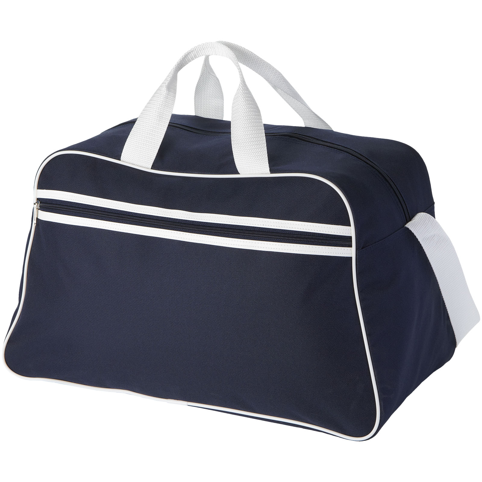Sporttasche, Duffle, Navy, Weißer Kontrast, Tragband, Reise- / Sporttasche, Duffle Bag, Navy Blau, weiße Akzente, Tragegriff, Reisetasche, Sporttasche, Nylon, Navy, Weiße Akzente