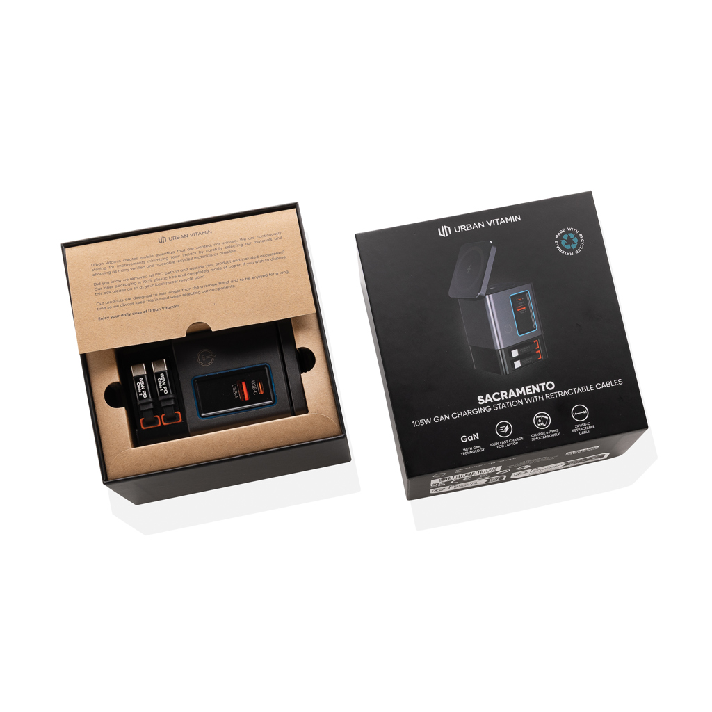 Computerausrüstung, Elektronik, Überwachen, Bildschirm, Adapter, Ladegerät, Schnellladegerät, USB-C, Schwarz, Kabelträger, digitales Zubehör, Ladestation, ausziehbare Kabel, GaN-Technologie, Inhalt der Box, Ladegerät, USB-C, GaN, Stromversorgung, Kabel