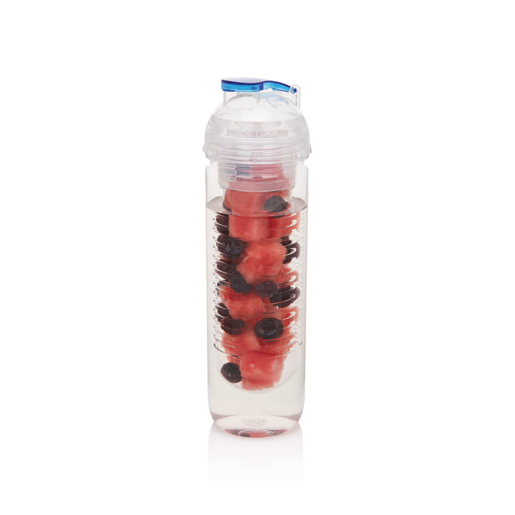 Wasserflasche, Obst im Wasser, Fruchtstücke, Deckelgriff, Transparent, Trinkflasche, Infused water, Fruchtwasser, Wasserbehälter, Fruchtstücke, Trinkflasche, Wasserflasche, Fruchtstücke, Beeren, Kunststoffe