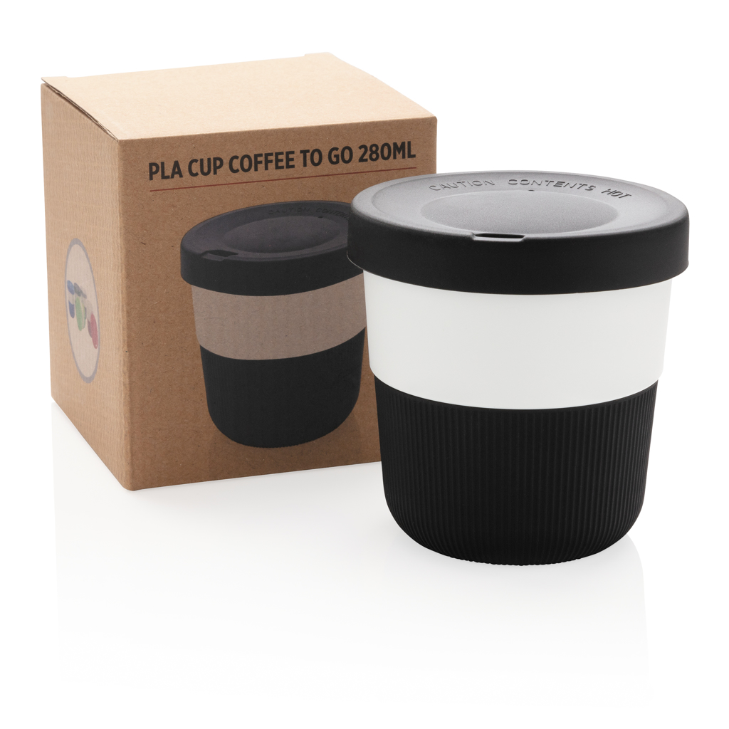 PLA Becher, Coffee to go, 280ml, Reisebecher, schwarfer Deckel, PLA cup, coffee to go, 280ml, Reisebecher, schwarz weiß Deckel, PLA-Tasse, Kaffeebecher, To-Go-Becher, schwarz-weiß, 280ml, PLA cup, coffee cup, travel mug, schwarz weiß, 280ml