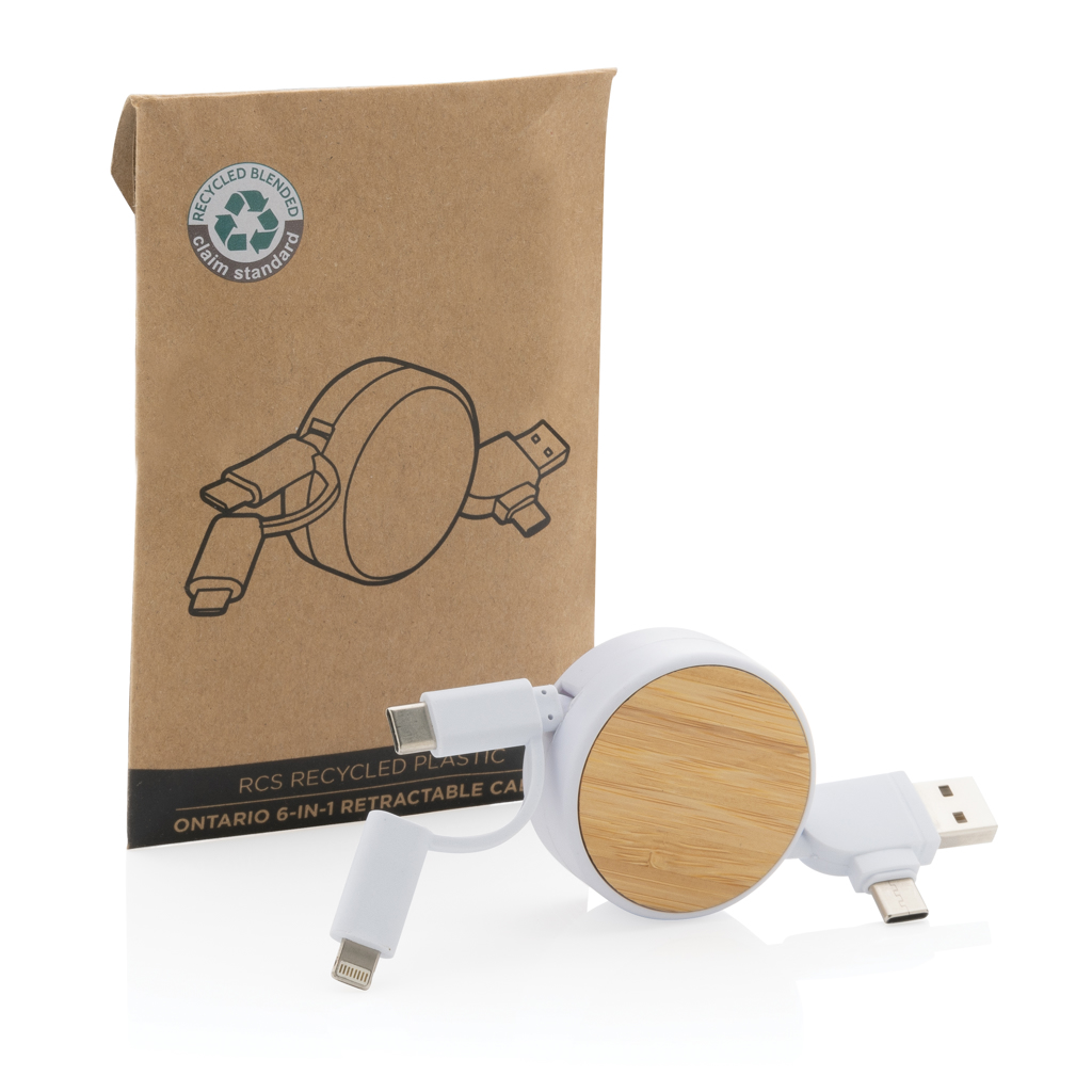 Adapter, Elektronik, aufladekabel, recycelbares plastik, rundes ladegerät, 6-in-1 ausziehbares kabel, USB-C micro-USB-Apple-Adapter, reißverschluss?, ladegerät?, usb-cable?, ausziehbar?, holzoptik