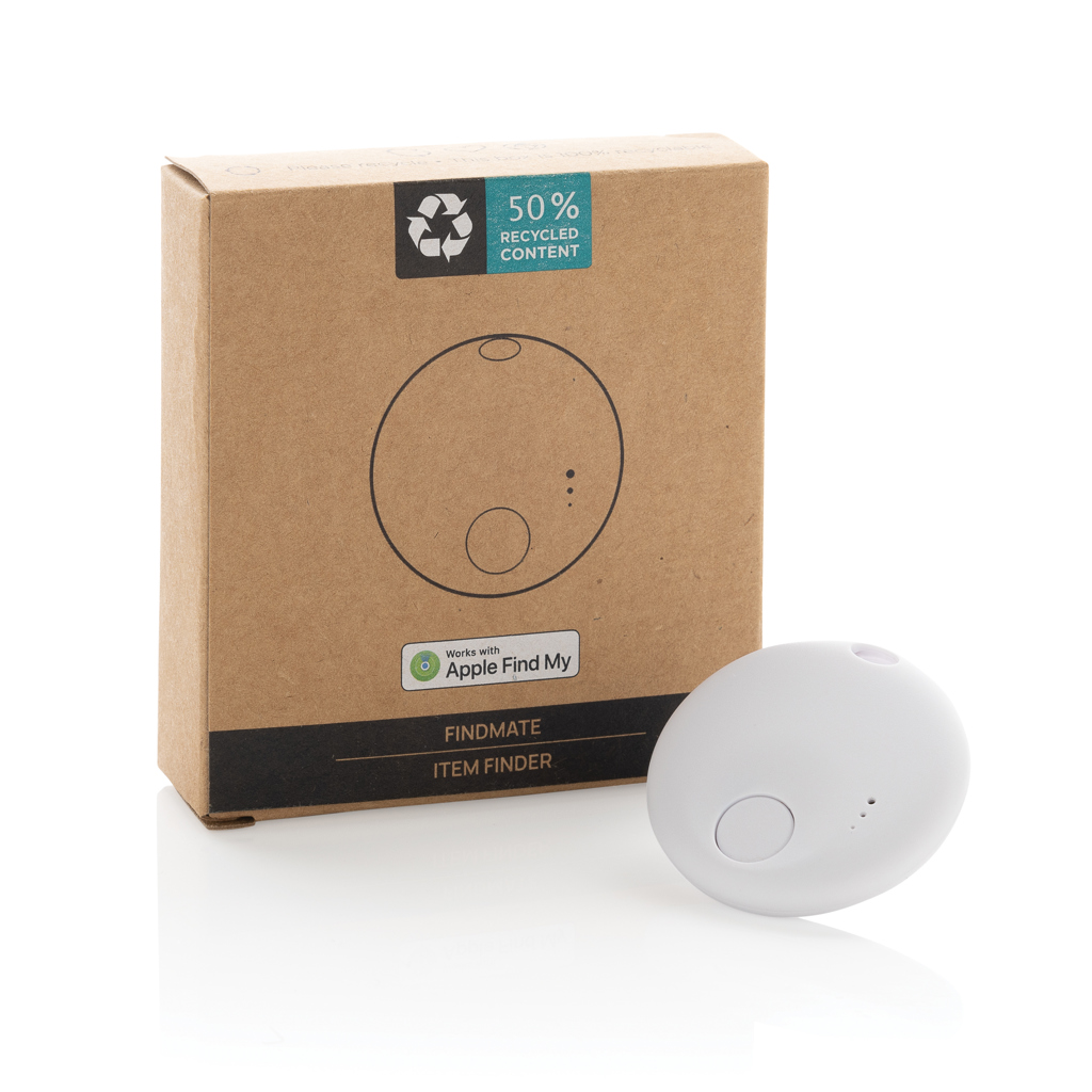 Kiste, Elektronik, Sprecher, Tracker, Bluetooth, Find My, Apple Find My, Item Finder, Findme, Artikelfinder, Bluetooth-Tracker, Kreisförmiges Gerät, Recycelter Inhalt, findmate, item finder, bluetooth, rundesDevice, kartonverpackung
