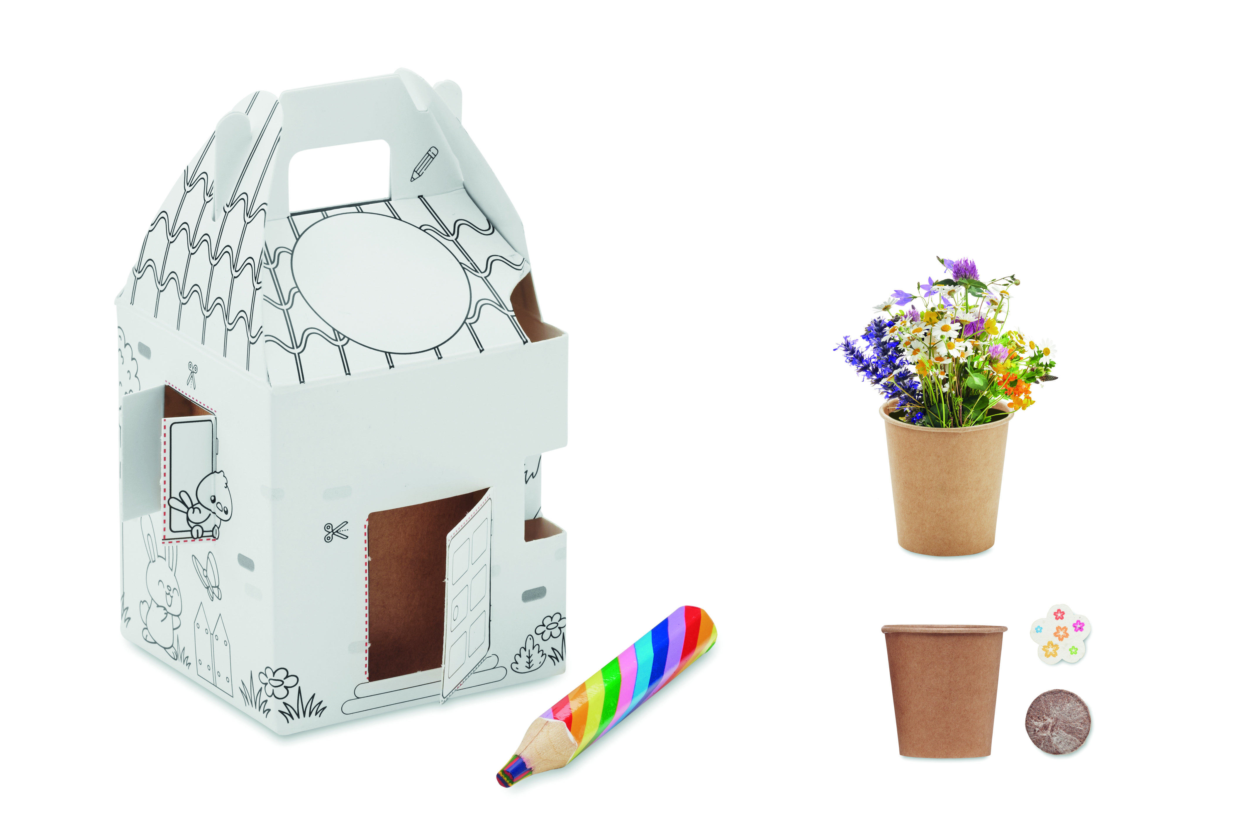 Paketbox, Baukasten, Bastelset, Kunsthaus, PflanzenTopf, Papphaus, Kinderzimmer, Druckstifte, Blumenpott, Kreativset, Papphaus, Kartonmodell, Schneidewerkzeug, Buntstift, Pflanzenpott