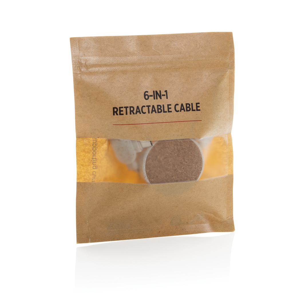 retractable cable, 6-in-1, kabelzubehör, braune tasche, verpacktes produkt, retractable cable, 6-in-1, packaging, brown bag, copper clip, abziehbares Kabel, 6-in-1, Kabelzubehör, braune Verpackung, Verpackung