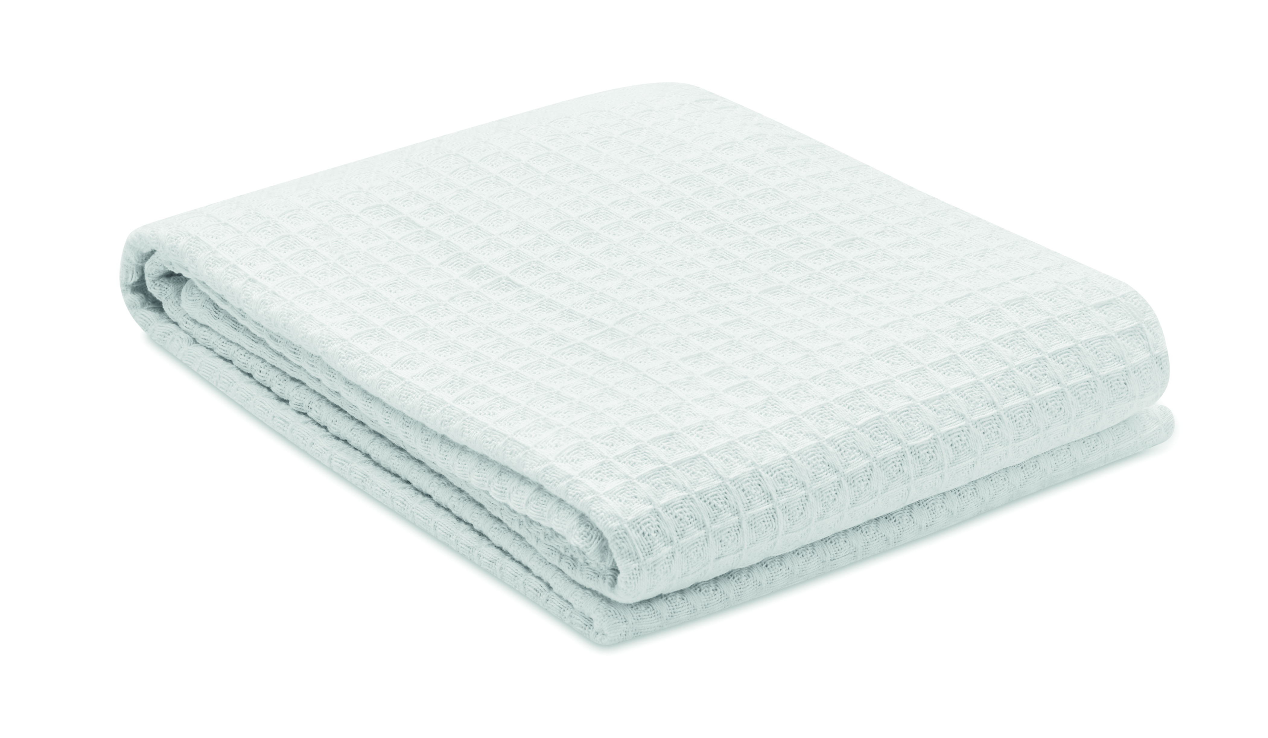 Kuscheldecke, Waffelmuster, Kernfarbe: Hellblau, Kuscheldecke mit Waffelstruktur, Flächenhafte Decke, Handtuch, Badetuch, weich, texturiertes Muster, gewebt, Handtuch, Baumwolltuch, Waffelmuster, Hellblau, Gefaltetes Tuch