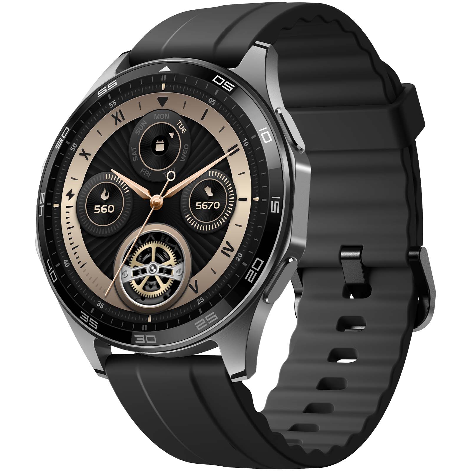 smartwatch, analog-dial, multifunction, metallic, black-silicone-band