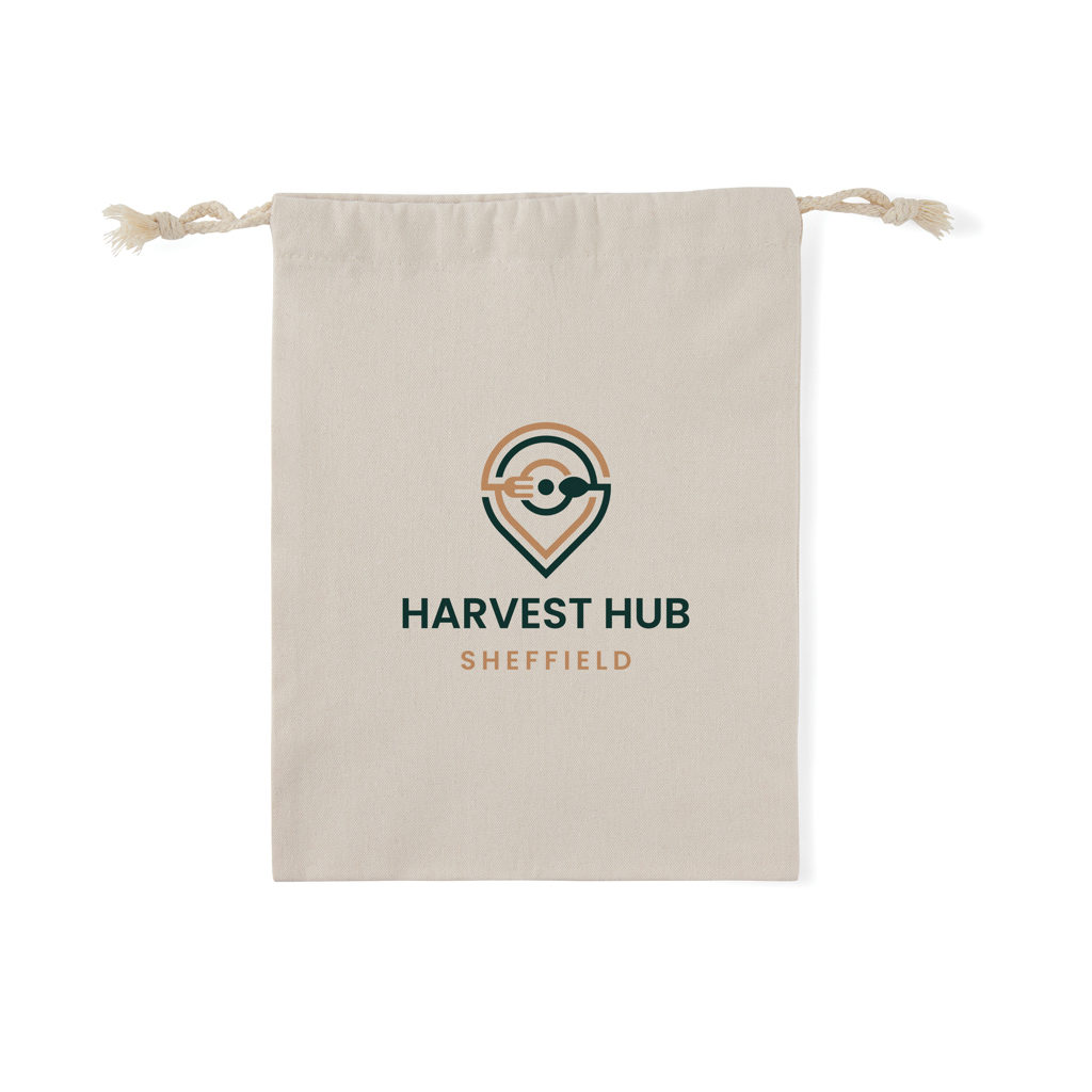 drawstring bag, Canvas Tasche, Logo, Harvest Hub, Sheffield, Tasche, Drawstring Tasche, Baumwollbeutel, Logo, Harvest Hub Sheffield, Drawstring bag, Canvas bag, Harvest Hub, Logo, Neutral beige