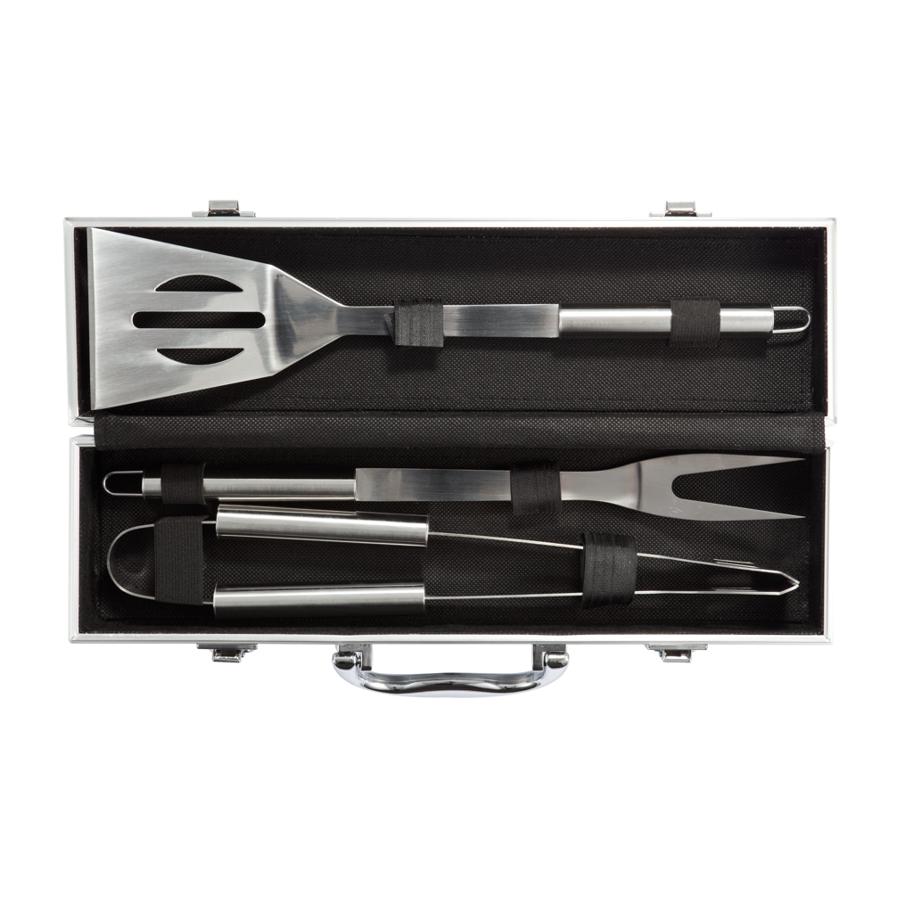 Besteck, Gabel, Grillwerkzeug Set, Grillzubehör, Fackelspatel, Grillzange, Schwarz-silbernes Kit, Grillbesteck, Grillzange, Grillgabel, Stahl, Koffer/Etui, Grillzubehör, Grillwenden, Grillgabel, Stahl, Kofferset