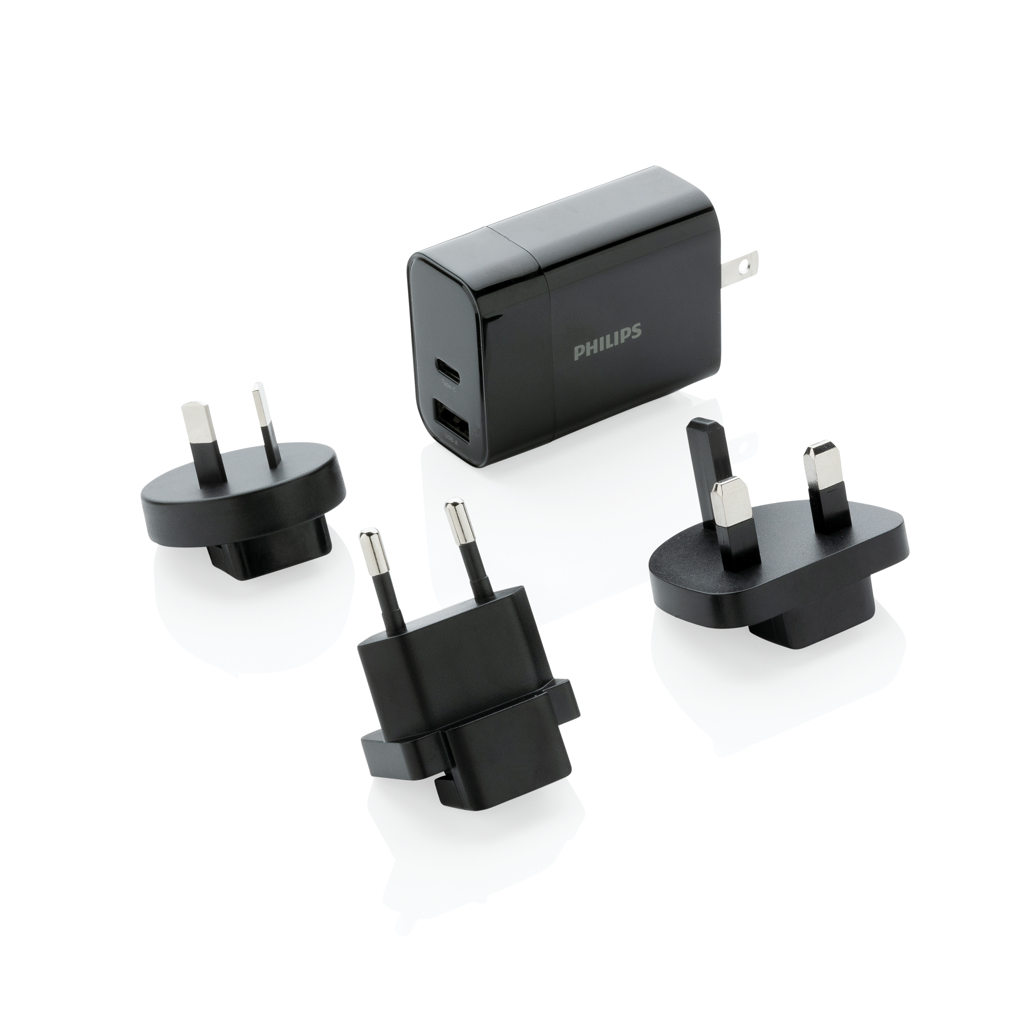 Adapter, Elektronik, Stecker, USB-A-Wandladegerät, USB-Anschlüsse, Adapter-Set, schwarzes Ladegerät, Philips-Ladegerät, USB-C Ladegerät, Wandlader, Stromadapter, Deutschland Stecker, Philips Zubehör, Ladegerät, USB-A, Netzteil, Schwarz, Schwarzes Netzteil