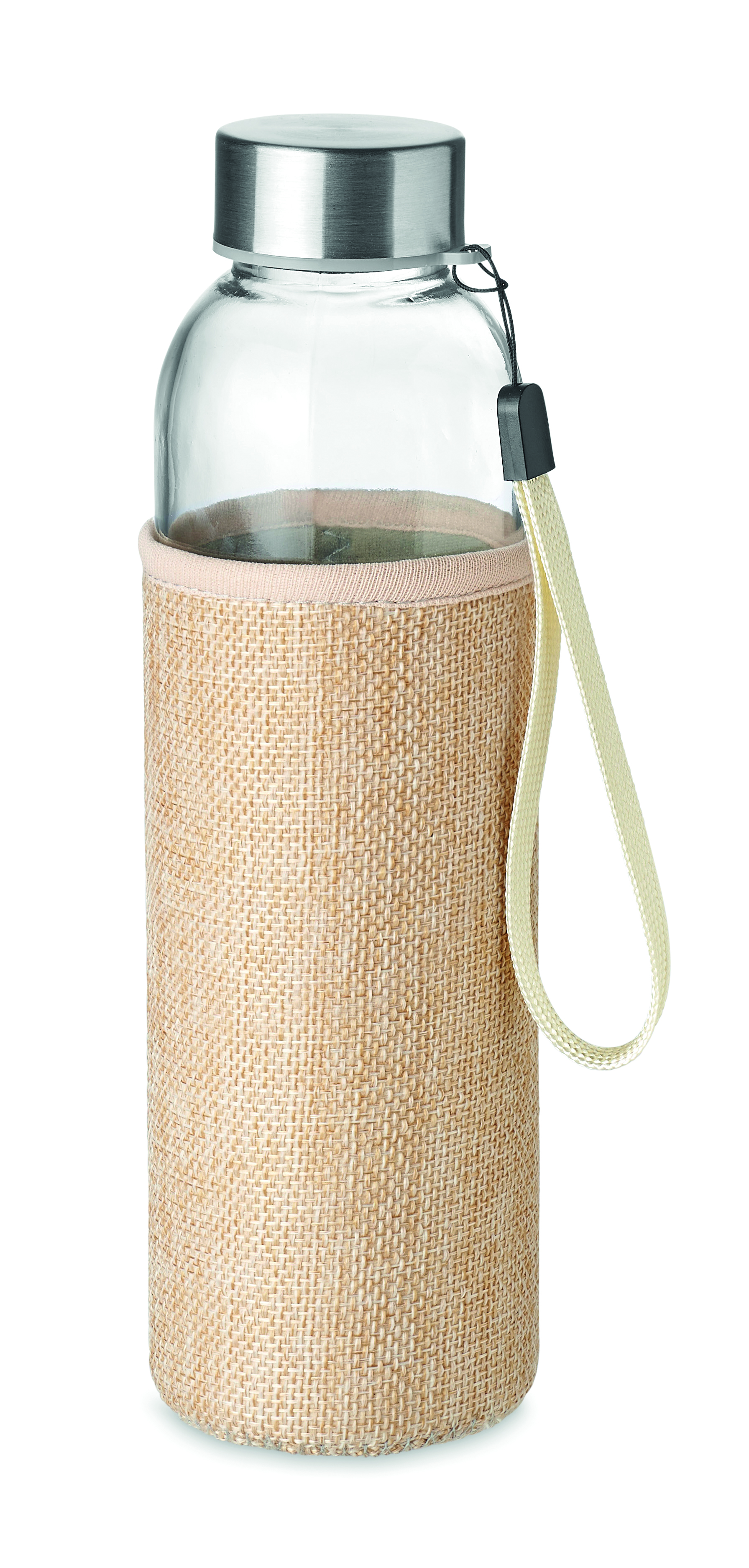 Wasserflasche, Glasflasche, Jutetasche Hülle, Hülle aus Jutegarne, Trageband