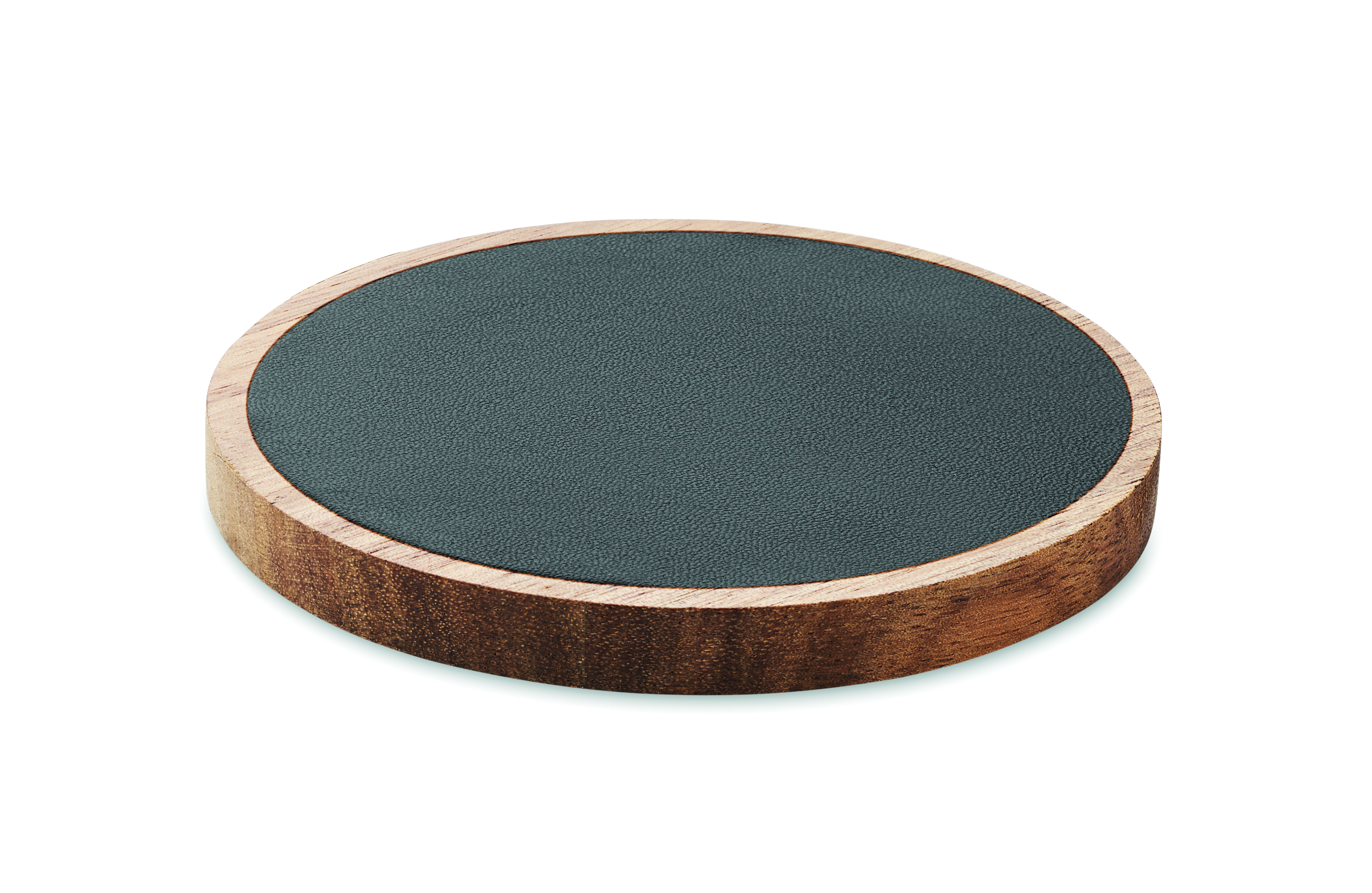 Lederscheibe, Lederunterlage, Runderuntersetzer, grüner Untersetzer, Holzrahmen, tischuntersetzer, runde presse, holz, lederoptik, schwarze tafelunterlage, rundeplatte, holz, leder, schwarz, unterlage