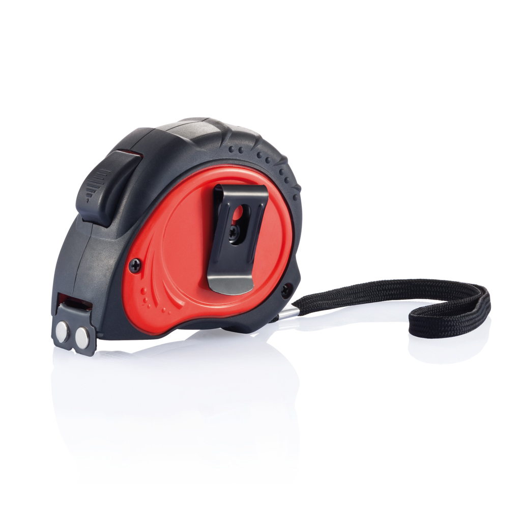 Computerausrüstung, Elektronik, Hardware, Maßband, ausziehbar, roter Gehäuse, schwarze Verkleidung, Trageband, Maßband, Ausziehbares Maßband, Rote Haube, Kunststoffgehäuse, Handgurt, Tape measure, Measuring tape, Mini tape,  retractable, tool accessory