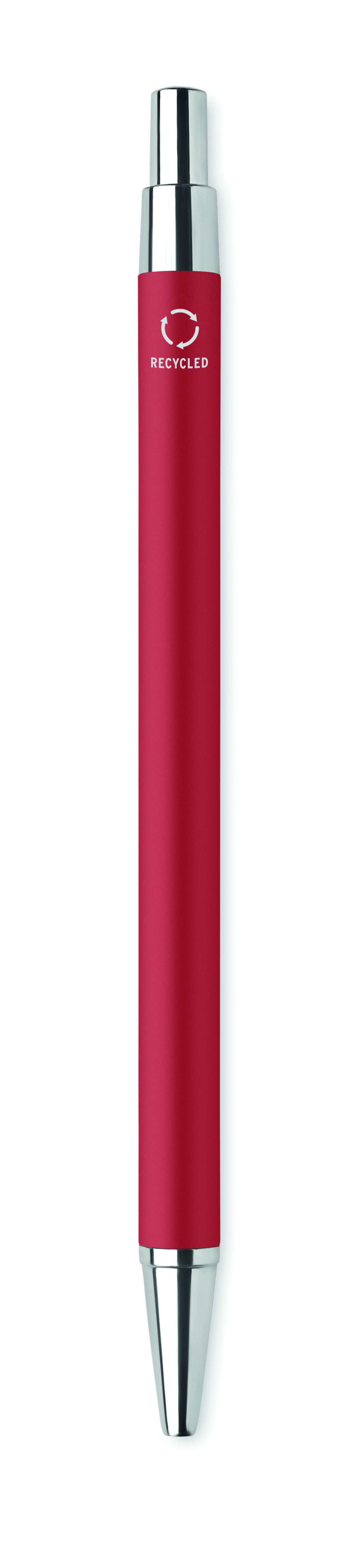 Handgriff-Stift, Kugelschreiber, roter Körper, Metall-Akzente, Recycling-Logo