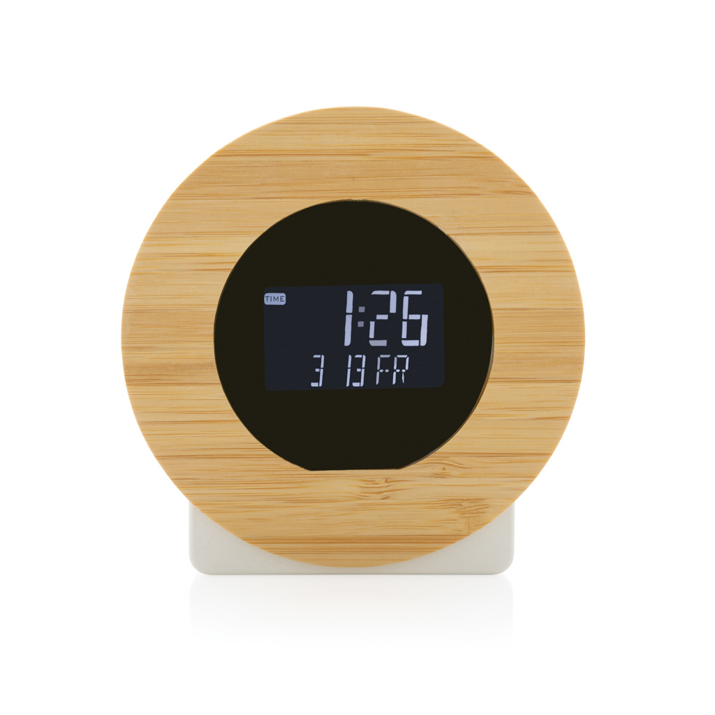 Computerausrüstung, Elektronik, Hardware, Überwachen, Bildschirm, digital clock, wooden, round, alarm clock, lcd display, Uhren, Digitaluhr, Holz, Rund, Bambus, digitaler Wecker, Holzrahmen, runder Wecker, LCD-Anzeige, Schlafzimmer-Dekoration