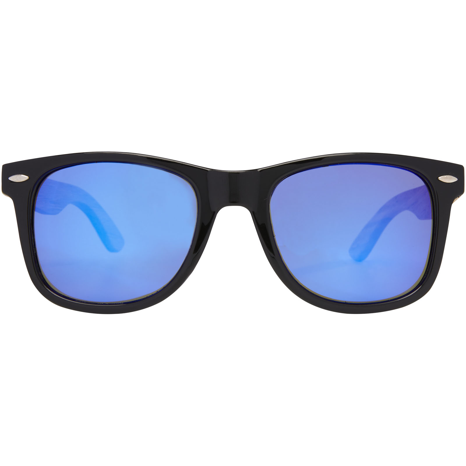 Sonnenbrille, Rahmen schwarz, blaue Spiegelgläser, rundes Design, unisex