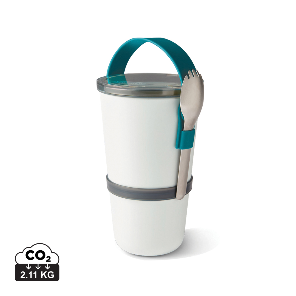 Thermo Becher, Trinkbehälter, Kompakt, Edelstahl, Faltbares Besteck, Thermo-Becher, Lunch-Behälter, Becher mit Besteckhalter, Teal Griff, CO2-2.11 KG?, Reisebecher, Thermos, auslaufsicher, teal Griff, 2,11 kg CO2