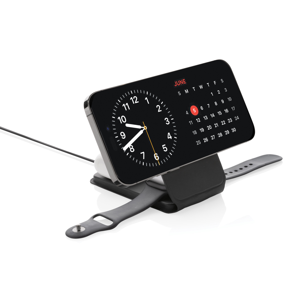 Analoguhr, Uhr, Smartphone-Dock, Desk Stand, Uhranzeige, Telefonhalter, Kabelloses Laden möglich, Uhrenhalter, Smartphone-Dock, Kalender, Standfuß, Kunststoff/Metall-Kombi, Smartphone Clock, Docking Stand, Magnetic Holder, Schwarz, Kalenderfunktion