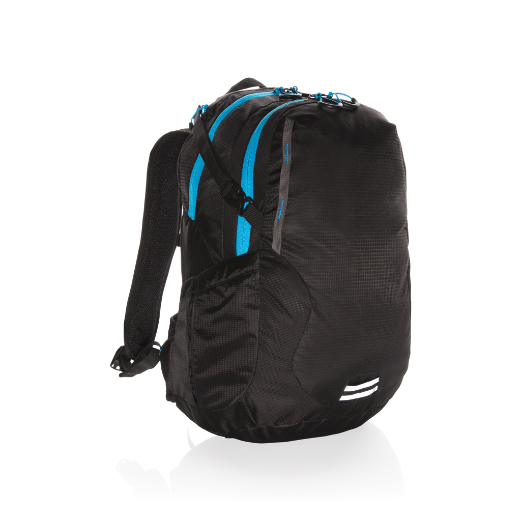 Rucksack, Schwarzer Rucksack, Blaue Reißverschlüsse, Schultergurte, Wander-Rucksack, Rucksack, Backpack, Schwarz, Blaue Akzente, Rucksack mit Tragegurten, Rucksack, Backpack, Schwarz, Reißverschluss, Seitenfach