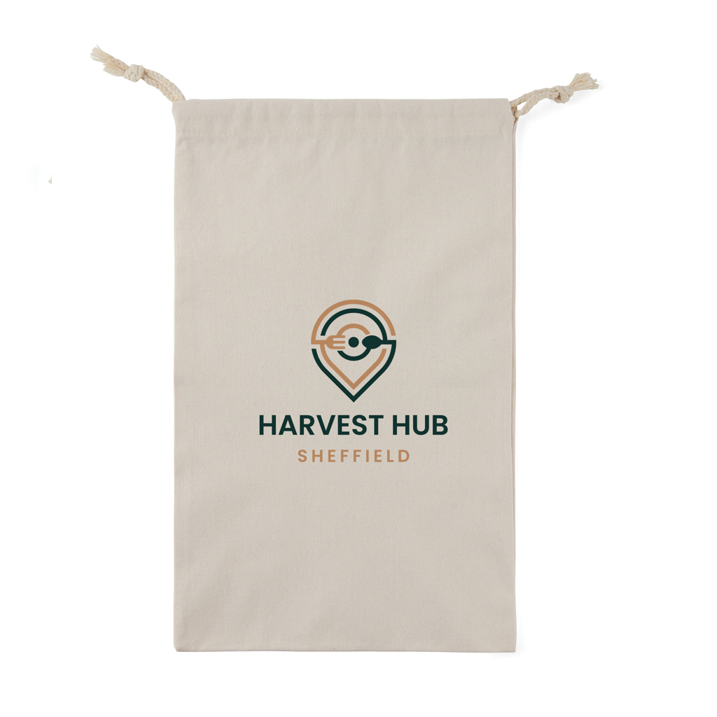 Beutel, Stoffbeutel, Drawstring bag, Naturfarben, Logo/Henndesign, tragenbeutel, beutel, baumwolle, logo, harvest hub, Beutel, Canvas, Beutel mit Kordel, Stoffbeutel, Harvest Hub Sheffield