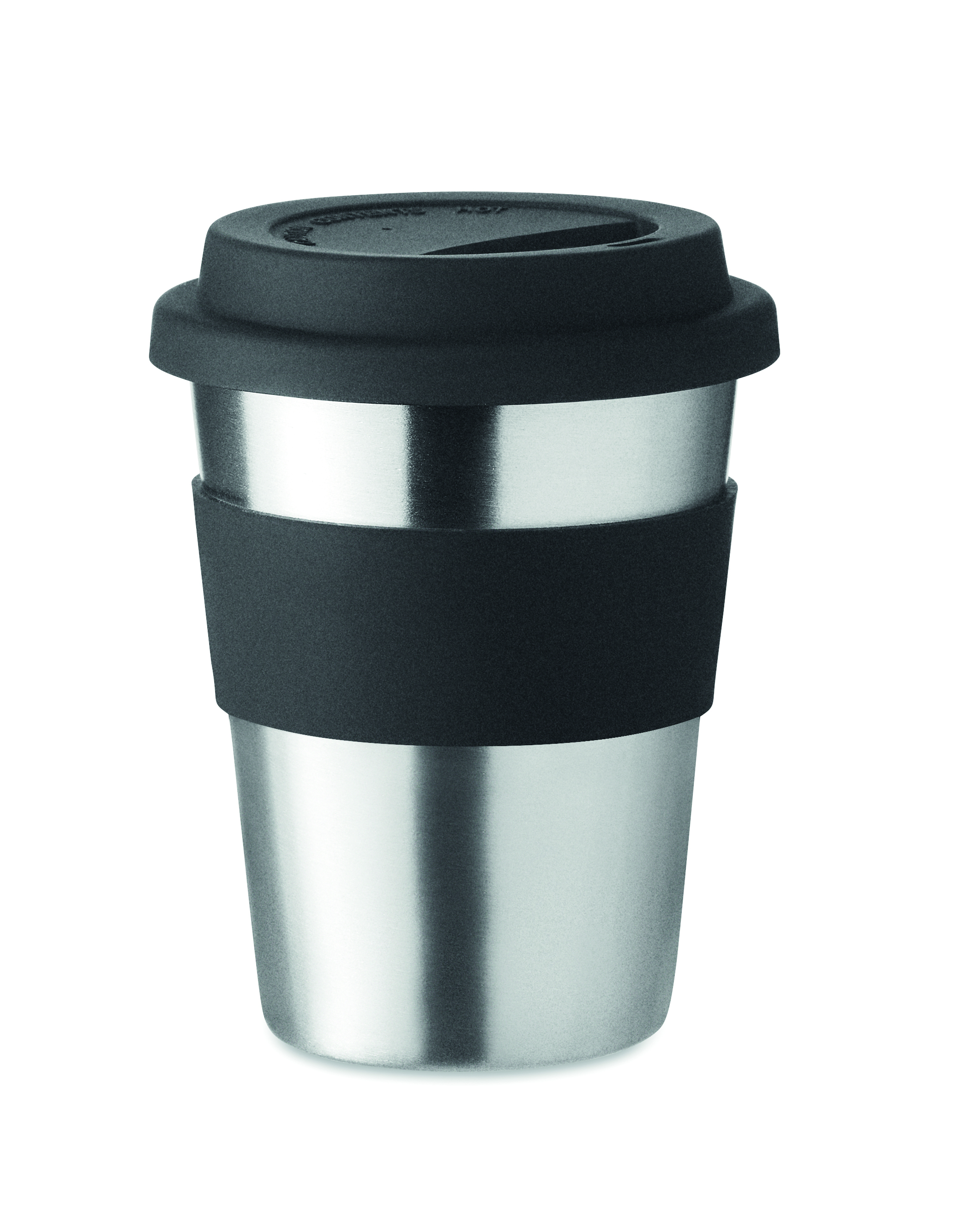 wiederverwendbarer Becher, Reisebecher, metallischer Becher, schwarzer Umschlag, Deckel aus Kunststoff, Becher, Trinkbecher, To-Go-Becher, Stahl, Schwarz
