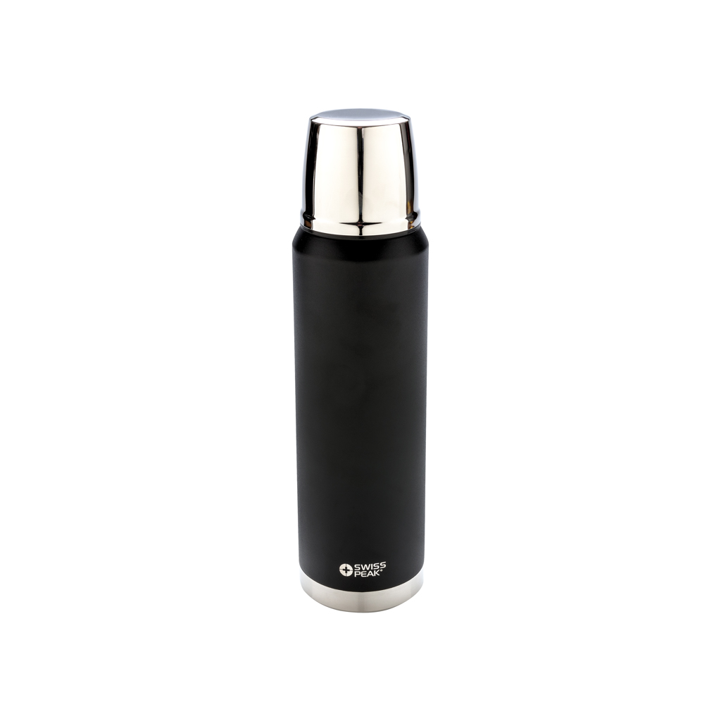 Thermoflasche, Isolierflasche, Vakuumflasche, Edelstahl, Schwarz, Thermos, Edelstahl, schwarze Flasche, Vakuumflasche, Swiss Peak, Thermosflasche, Wasserflasche, Stahl, Schwarz, Isoliert, Thermos, Vakuumflasche, Edelstahl, Schwarz, Isolierflasche