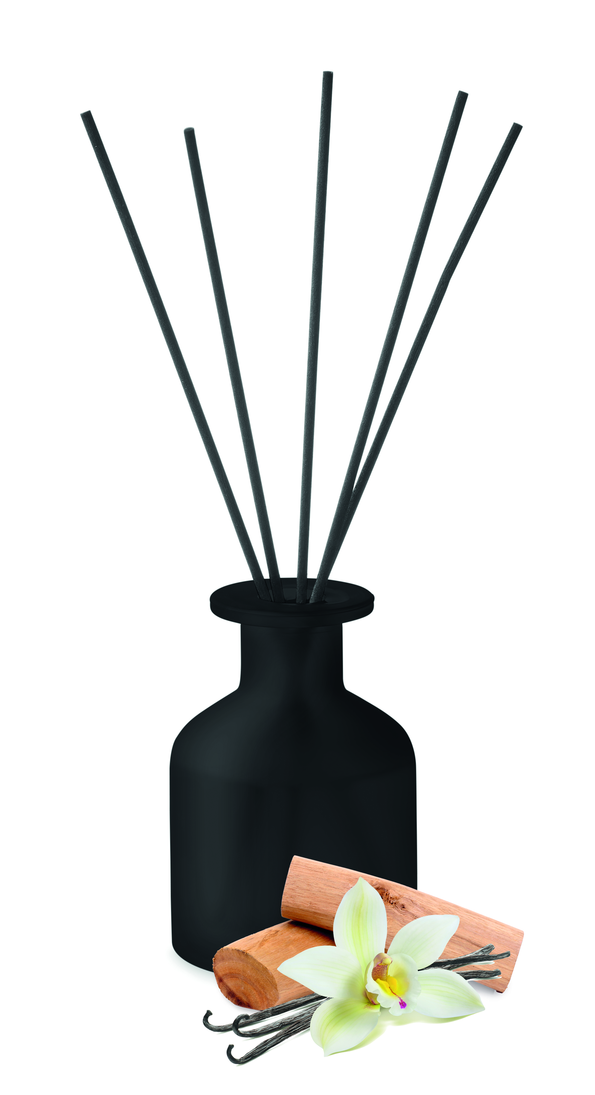 Diffuser, Stäbchen, schwarze Flasche, ätherisches Öl, Blume