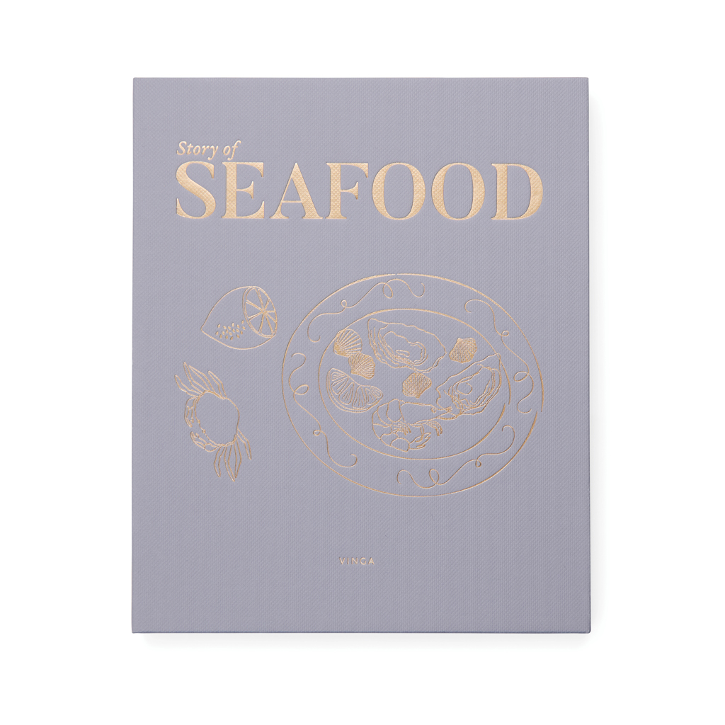 Schmuckkarte, Seafood-Design, Lila-Hülle, Goldprägung, VINGA, Food-Buch, Meeresfrüchte, Zitrone, Teller-Illustration, Violetter Umschlag, Pappebuch, Seafood, Kunstlederoptik, Leporello, Vinga