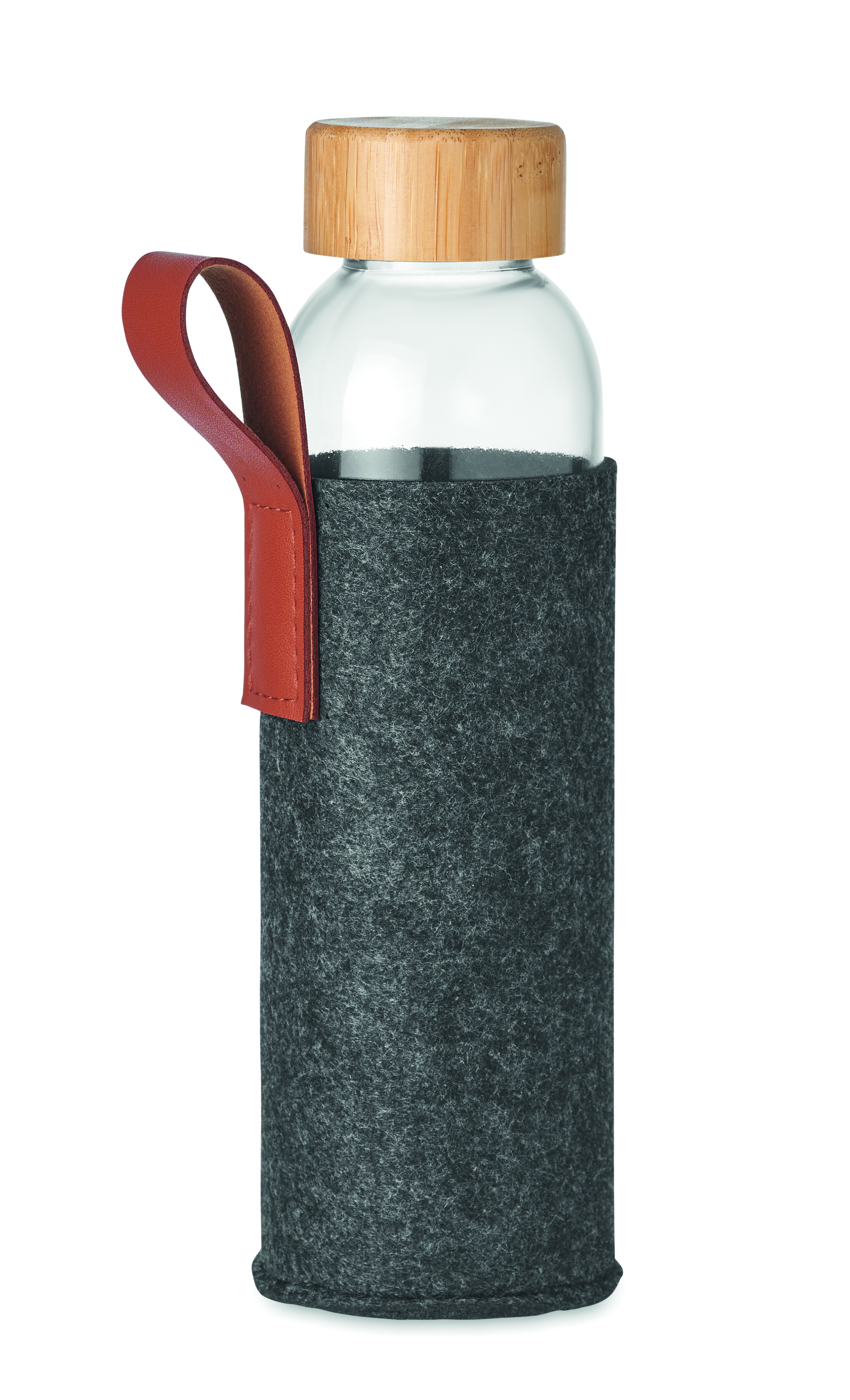 Glasflasche, Korkdeckel, Holzdeckel, Trinkflasche, Halterung Leder
