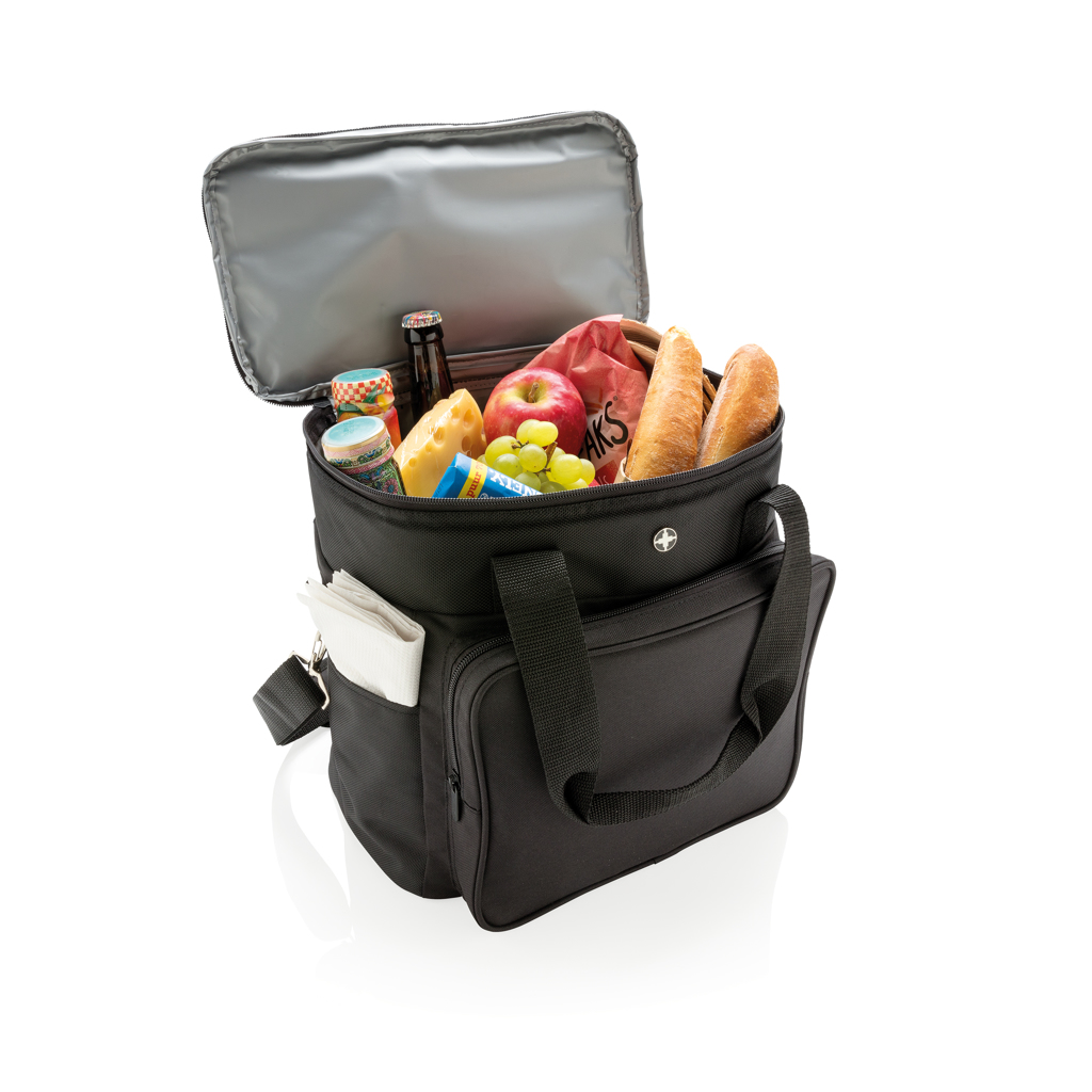 Tasche, Kühlbox-Tasche, Lunchbag, Thermo-Tasche, Provianttasche, Reisepicknick, Kühltasche, Picknicktasche, Lunchbag, Transporttasche, Essen im Freien, Picnictasche, Lunchbag, Isoliert, Schwarz, Innenraum sichtbar