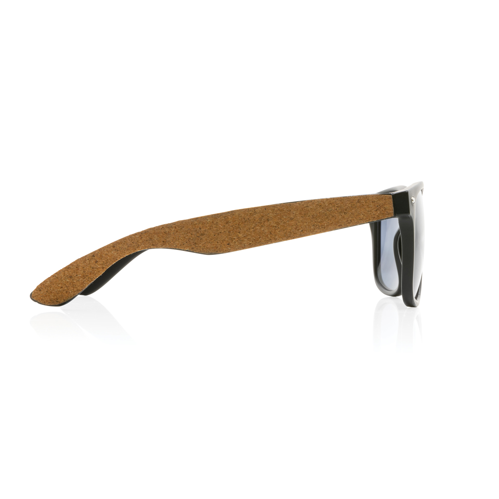 Sonnenbrille, Holzbrillenarm, Korkarm, schwarzer Rahmen, Klare Gläser, Sunglasses, Schwarze Rahmen, Braune Cork-Schläfen, Seitenansicht, Brillenaccessoire, Sonnenbrille, Kautschuk-Arm, Holzoptik, Korkarm, schwarze Brille