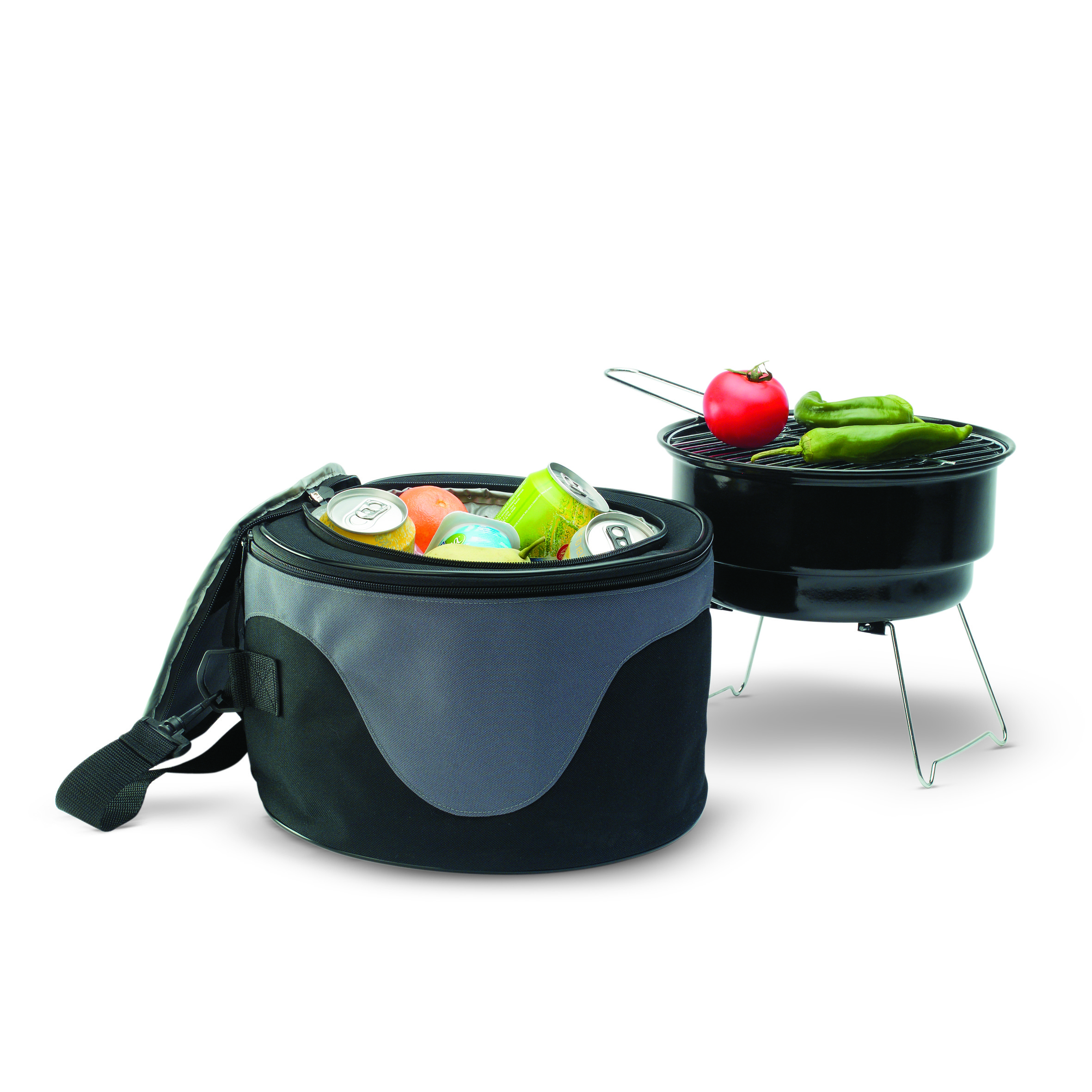 Grill, Portabler Grill, Kühlbox, Getränkehalter, Korb mit Essen, Picnic tasche, Isolierter Kühlbehälter, Lebensmittelbehälter, Dosengetränke, Tragbarer Kühlbehälter, Tragetasche, Kühlbox, Getränkedose, Grillzutaten, Grillzubehör
