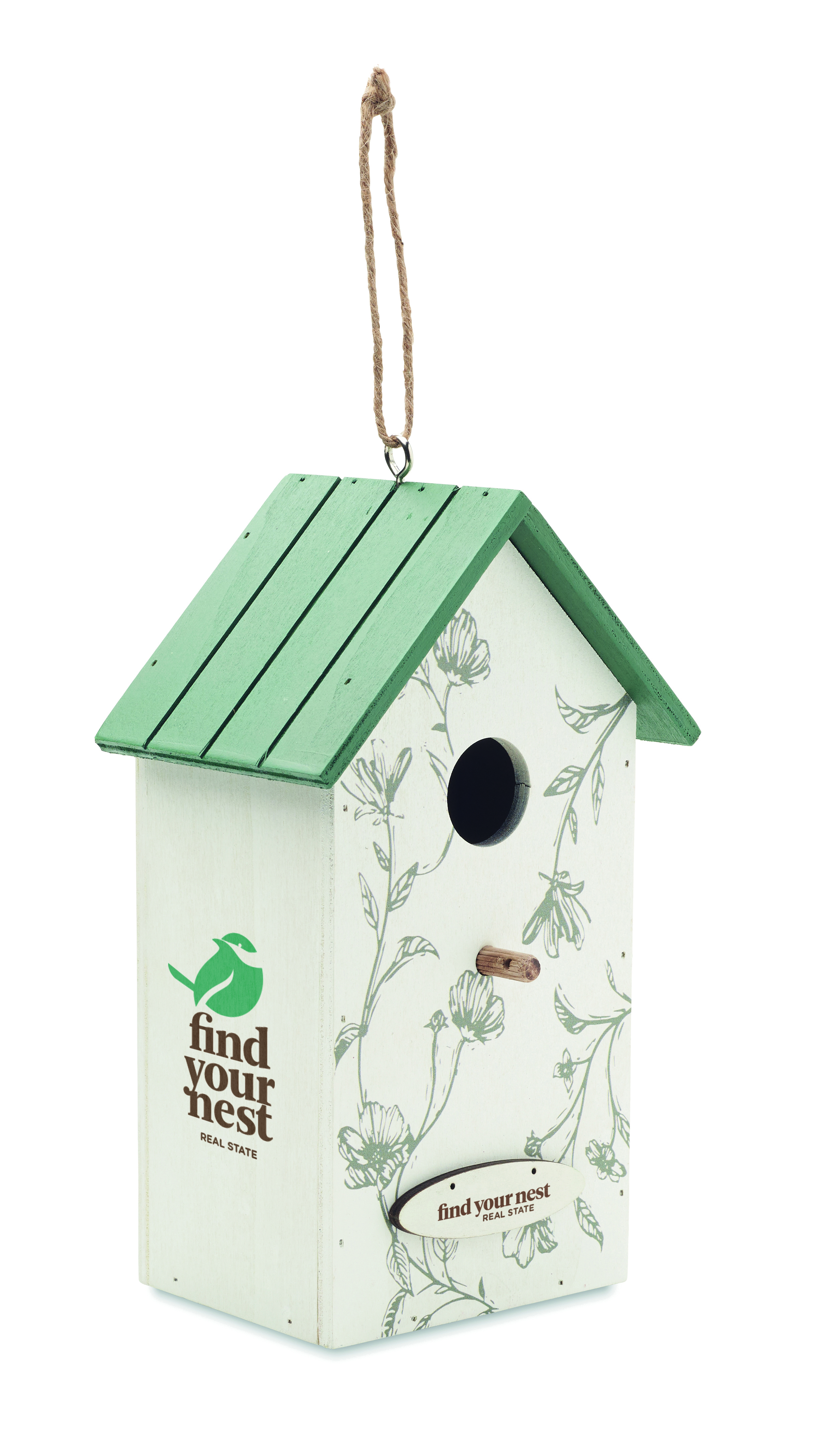 Vogelhaus, Nistkasten, Hängender Nistkasten, Grün Weiß, Blumenmuster, Vogelhaus, Nistkasten, Aussenseite bemalt, Grünes Dach, Juteseil, Vogelnest, Vogelhaus, grünes Dach, Dekoration, hängend