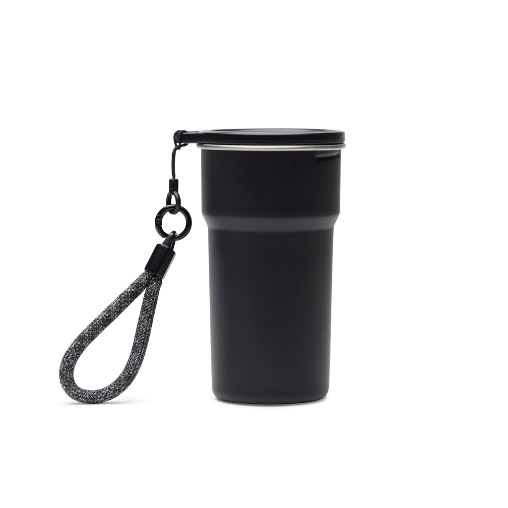 Becher, Reisebecher, Kaffeehalter, Schwarz, Trageschlaufe, Thermobecher, schwarz, isoliert, Deckel, Schlüsselband, Travel mug, Cup, Kaffeebecher, Trinkbehälter, Schwarz