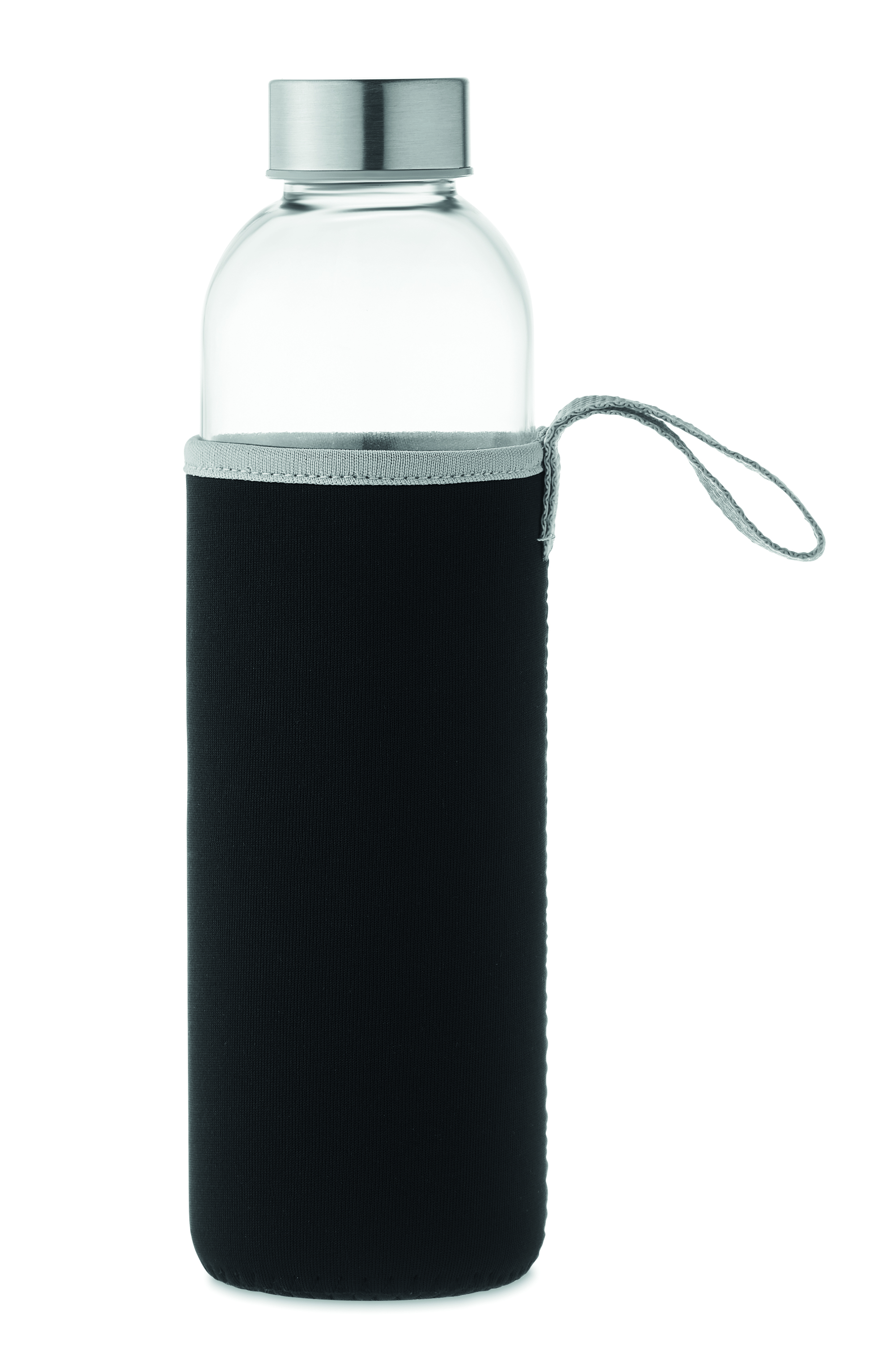 Wasserflasche, Trinkflasche, Glasbehälter, Korkverschluss, Hülle aus Neopren