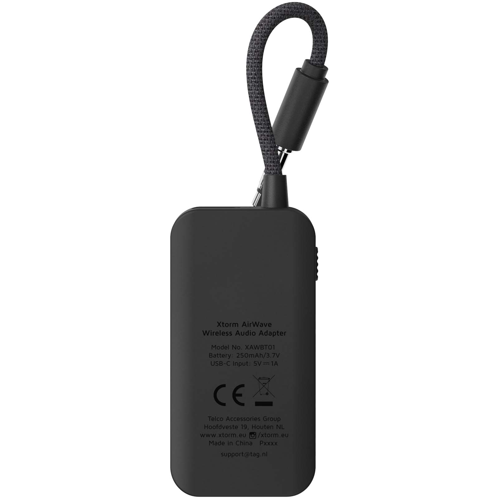 Wireless adapter, USB-C input, 250mAh battery, schwarz, Gewebeschnur Kabel