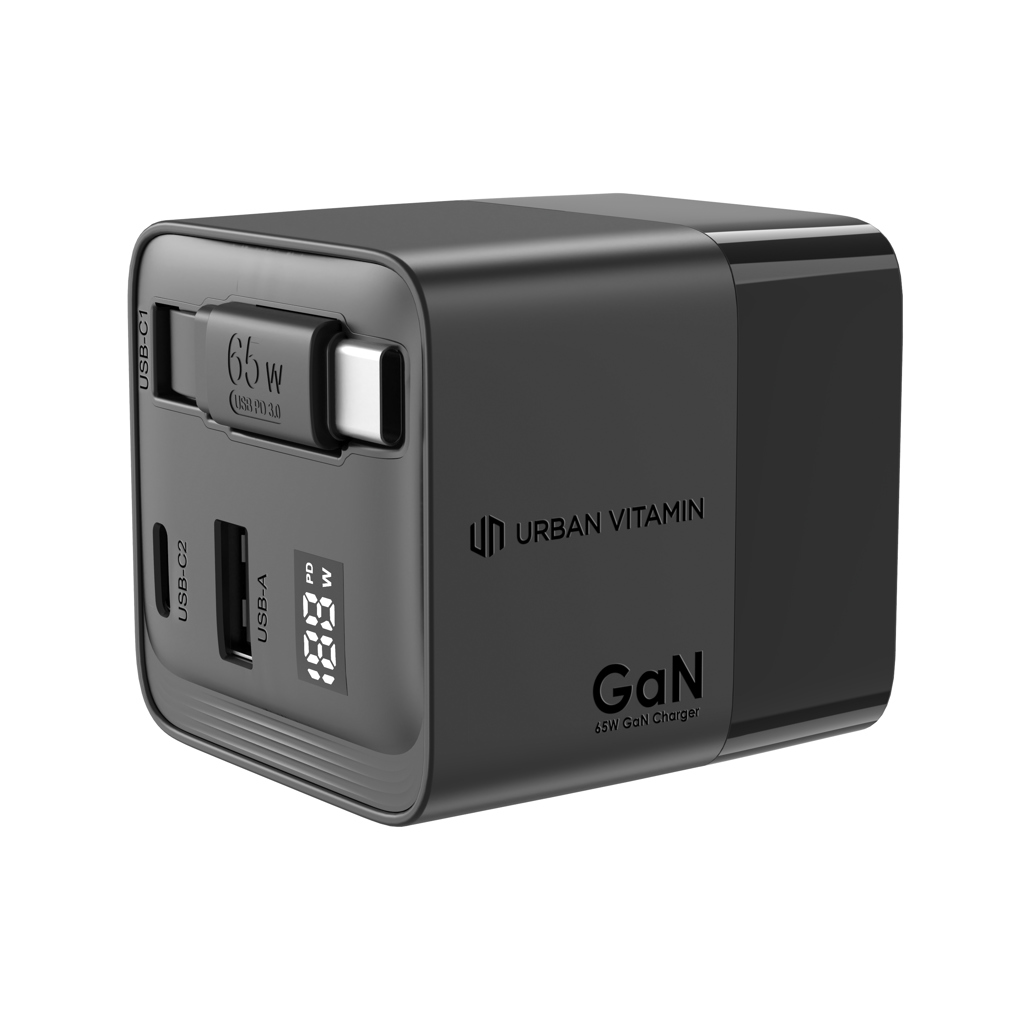 Adapter, Elektronik, Kamera, GaN-Ladegerät, 65W, USB-C, USB-A, Urban Vitamin, USB-C, USB-C1, GaN-Ladegerät, 65W, Urban Vitamin, GaN-Ladegerät, 65 W, USB-C, USB-C2, LED-Display