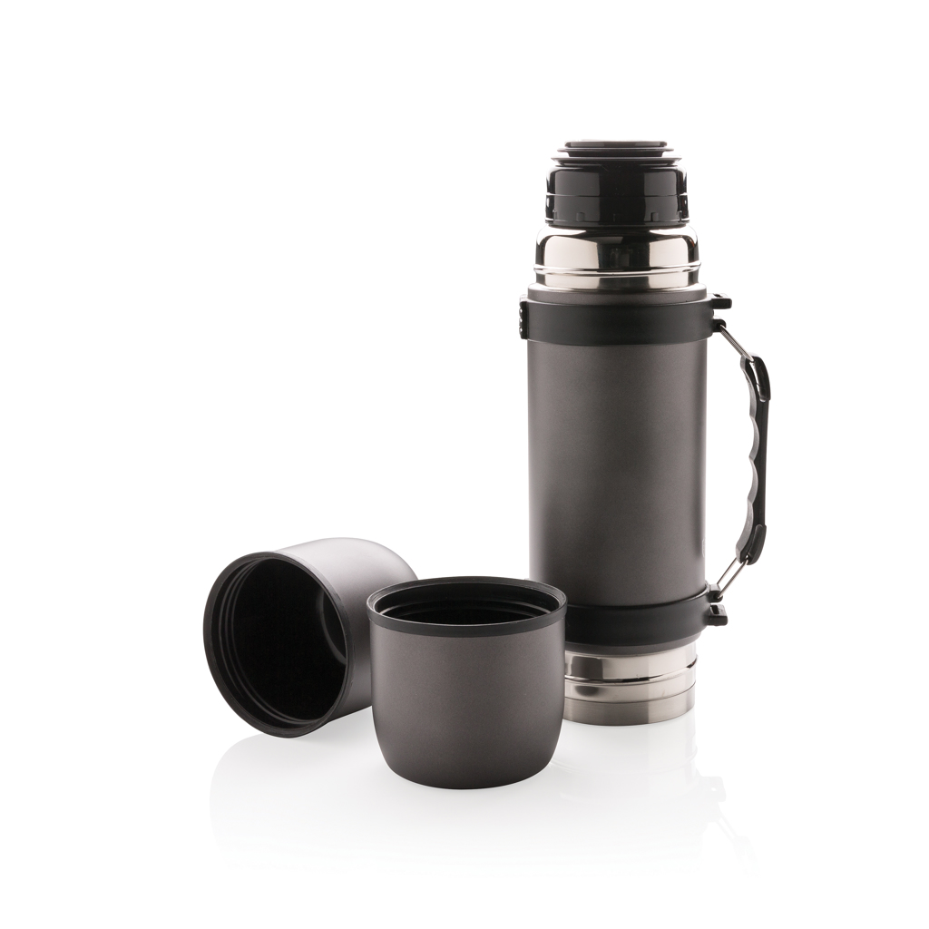 Thermosflasche, Stahl, Schwarz, Auslaufsicher, Isoliert, Thermos, Flasche, Isoliert, Stahl, Kappe, Thermos, Flasche, Trinkflasche, Verschluss, Griff, Thermos, Wasserflasche, Isolierflasche, Stahl, Schwarz