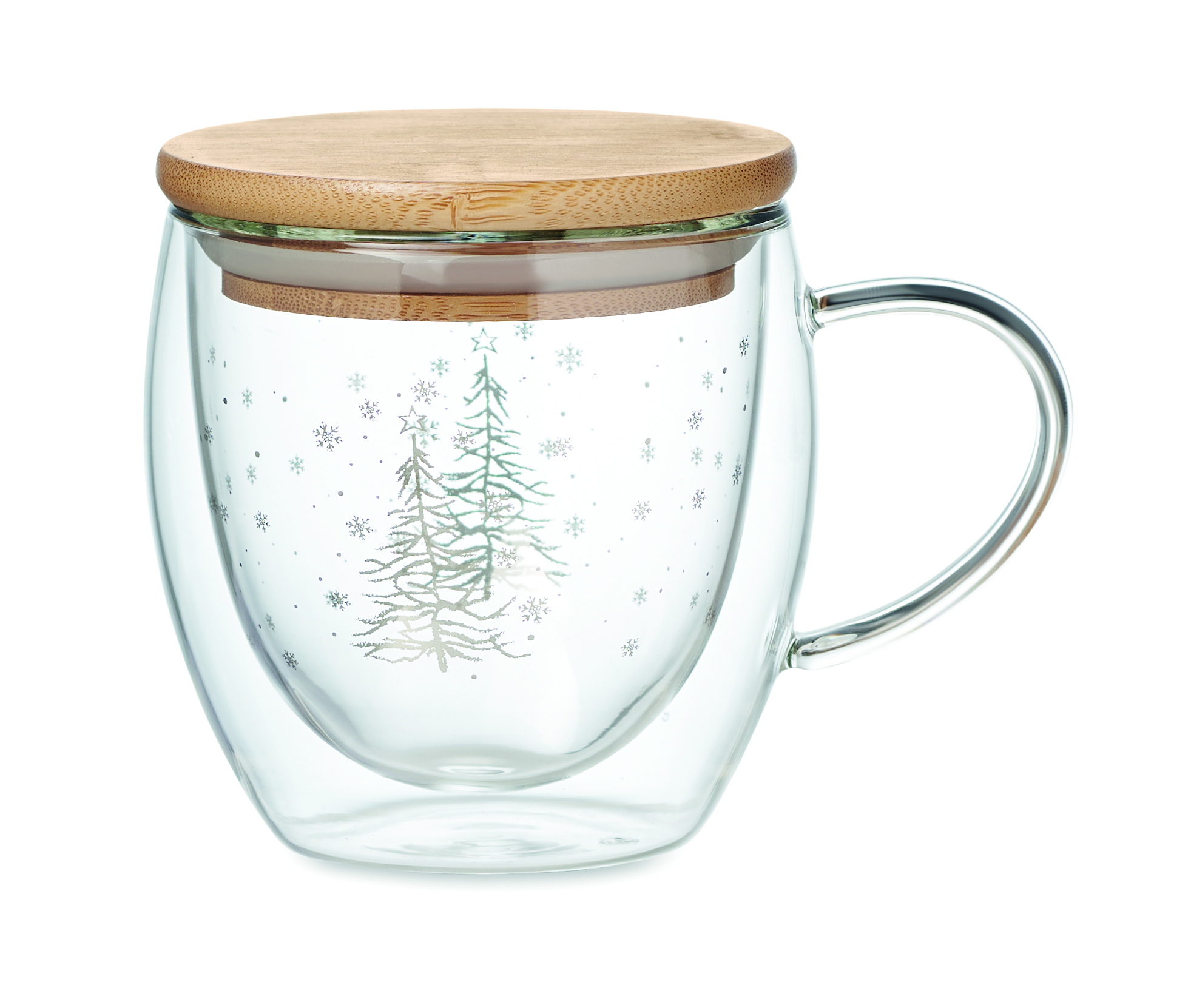 glasbecher, doppelwandig, Holzdeckel, Schneeflockenmuster, Baumdesign, glasbecher, doppelwandig, Holzdeckel, Winterdekor, Schneeflocken, glasbecher, doppelwand, holzlöffel?, winterdesign, schneeflocken