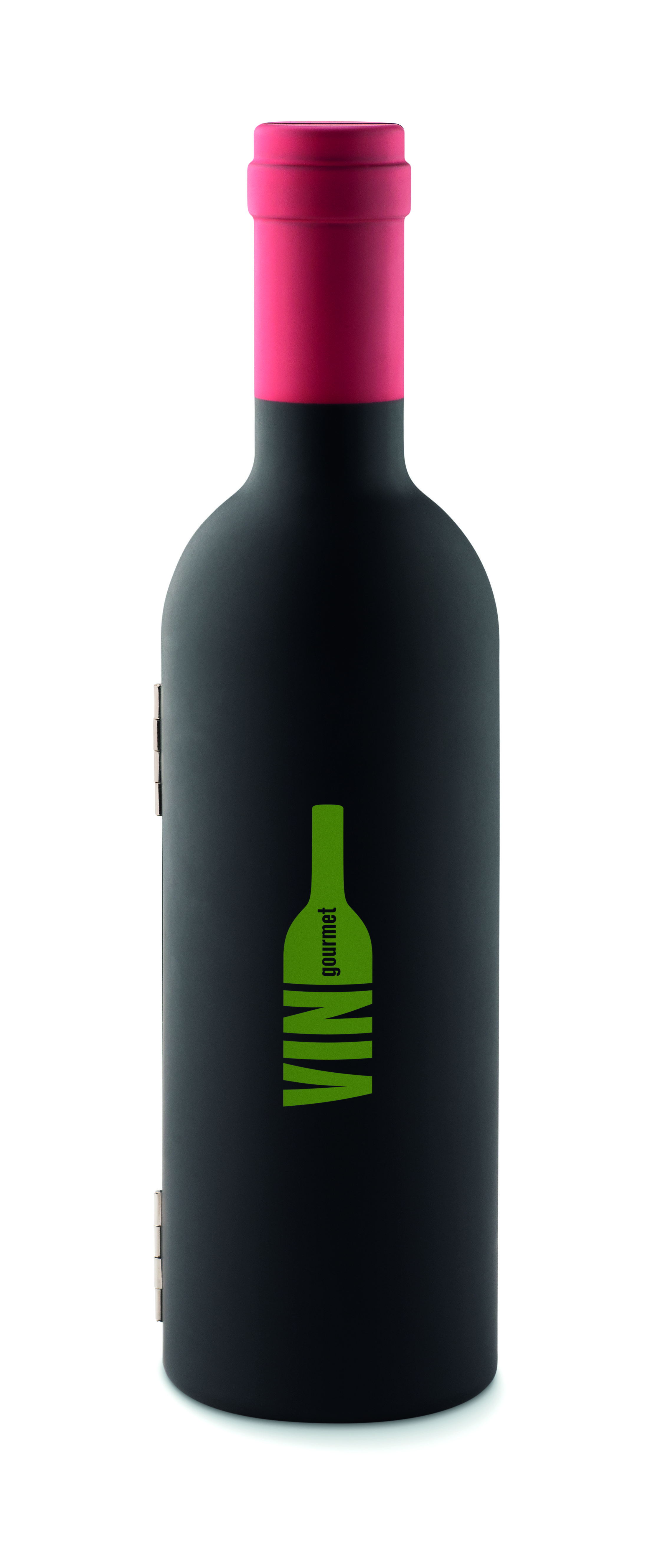 Weinflasche, matte schwarze Flasche, grüner Aufdruck, pink Schraubverschluss, Klapptaschenverschluss?