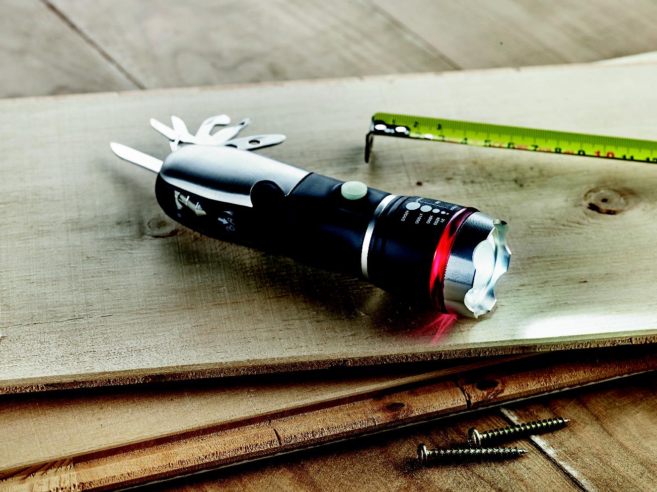 Multitool, Taschenwerkzeug, Schere, Messer, Taschenlampe, Maßband