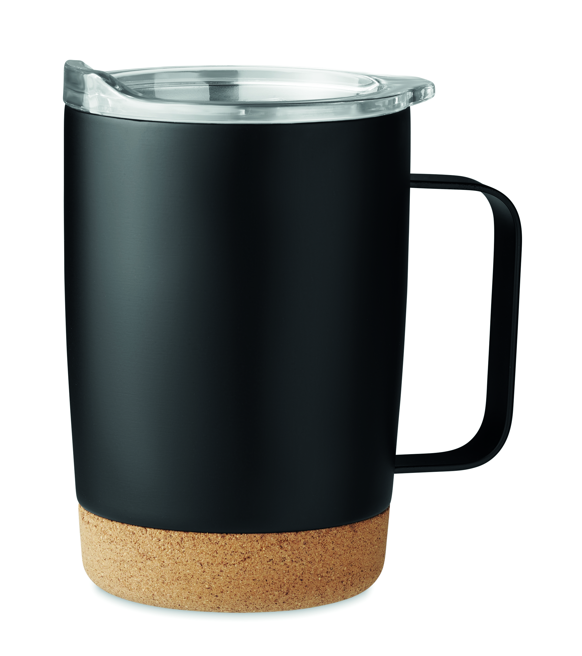 Kaffeebecher, Thermobecher, Stahlbecher, Korkboden, Glasdeckel, Kaffeepokal, Thermobecher, Glassicht, Korkboden, Schwarz