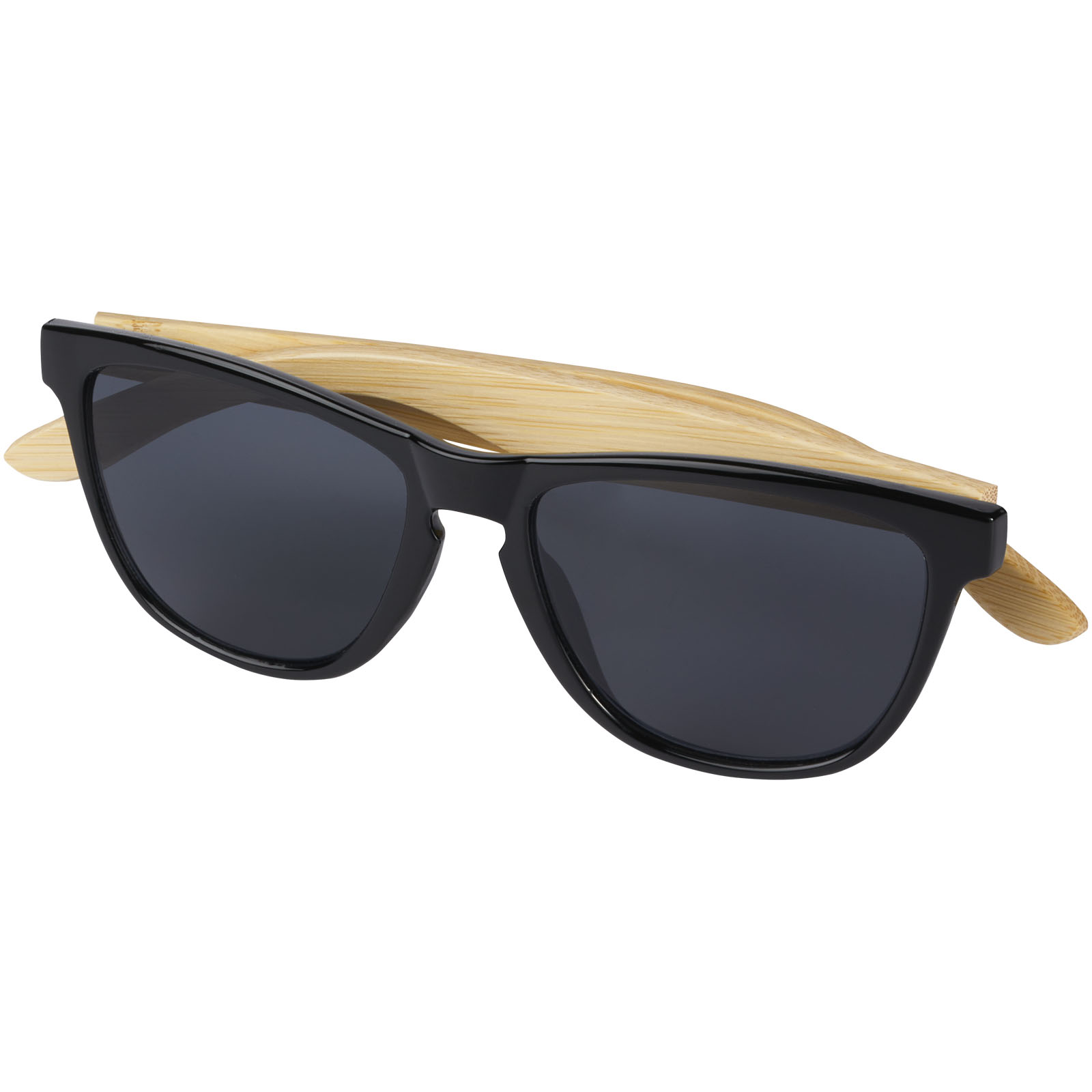 Sonnenbrille, schwarzer Rahmen, Holz-Templ, dunkle Gläser, unisex