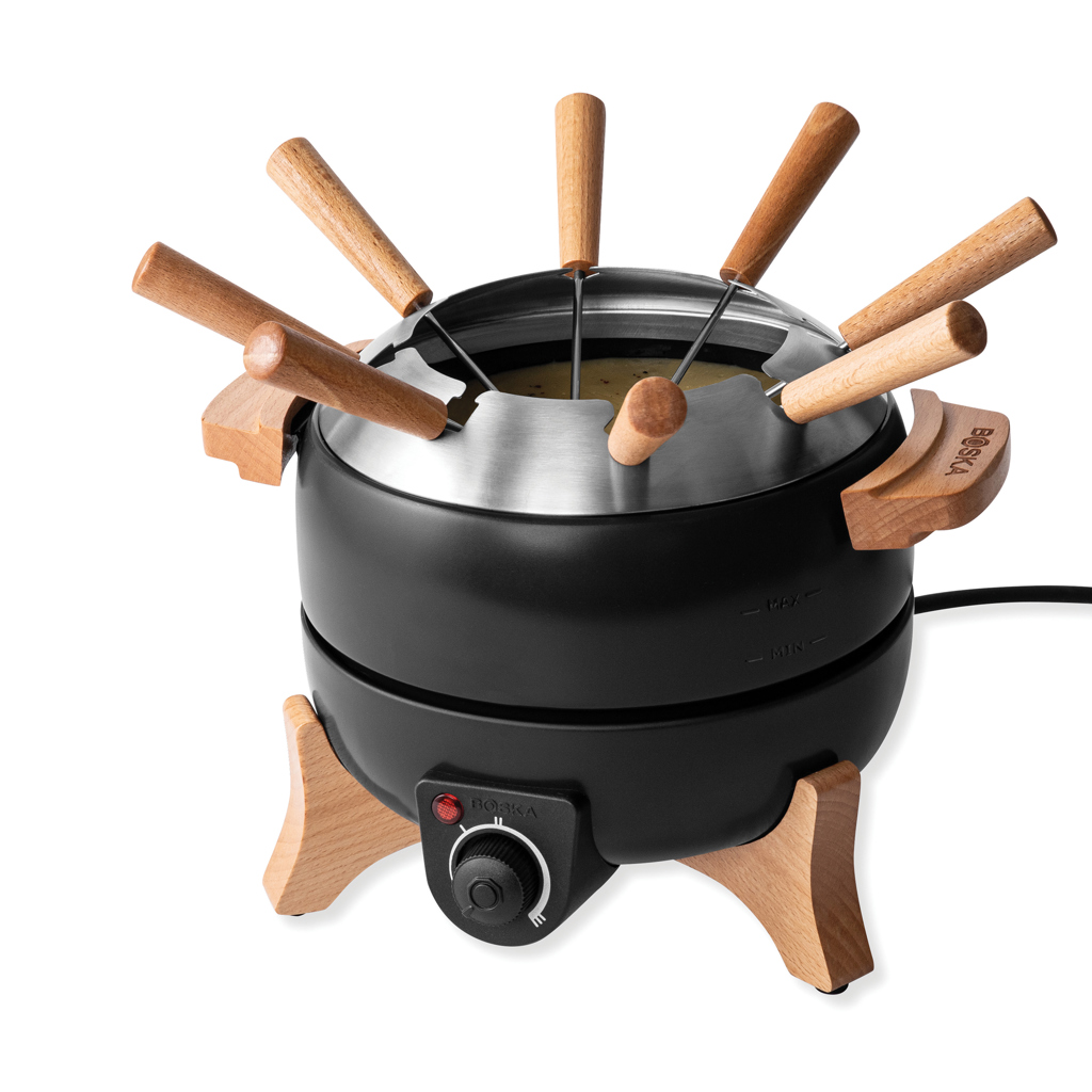 Fondue-Set, Käsefondue, Mit Holzgriffen, Elektro-Topf, Schwarz-Holz, Käsefondue-Set, Schmelzkessel, Fondue-Fassung, Holzgriff, stufenloser Regler, Fondue, Käsefondue, Käse, Ofen, Holzspiße