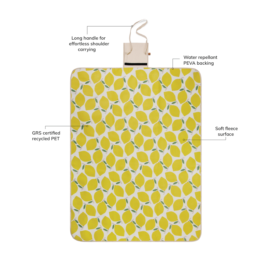 Luna Mat Patchwork, Zitrone Muster, Wasserabweisende Rückseite, Weiche Fleece-Oberfläche, Recyceltes PET,  Picknickdecke,  Zitronen Muster,  Wasserdicht,  PET,  Recyceltes Material