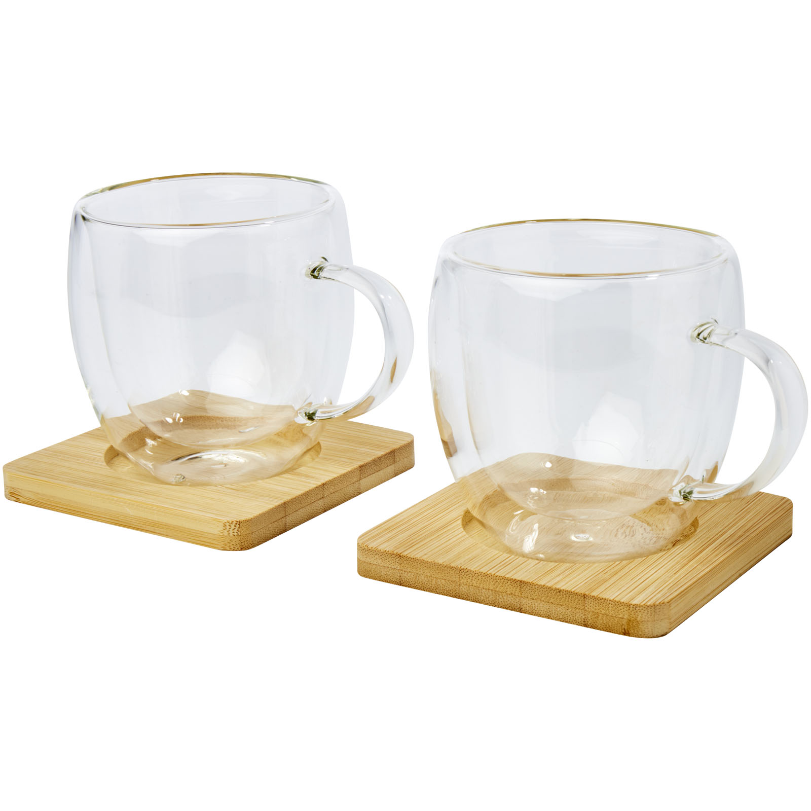 Glasbecher, Kaffeebecher, Doppelset, Holzuntersetzer, Transparentes Glas