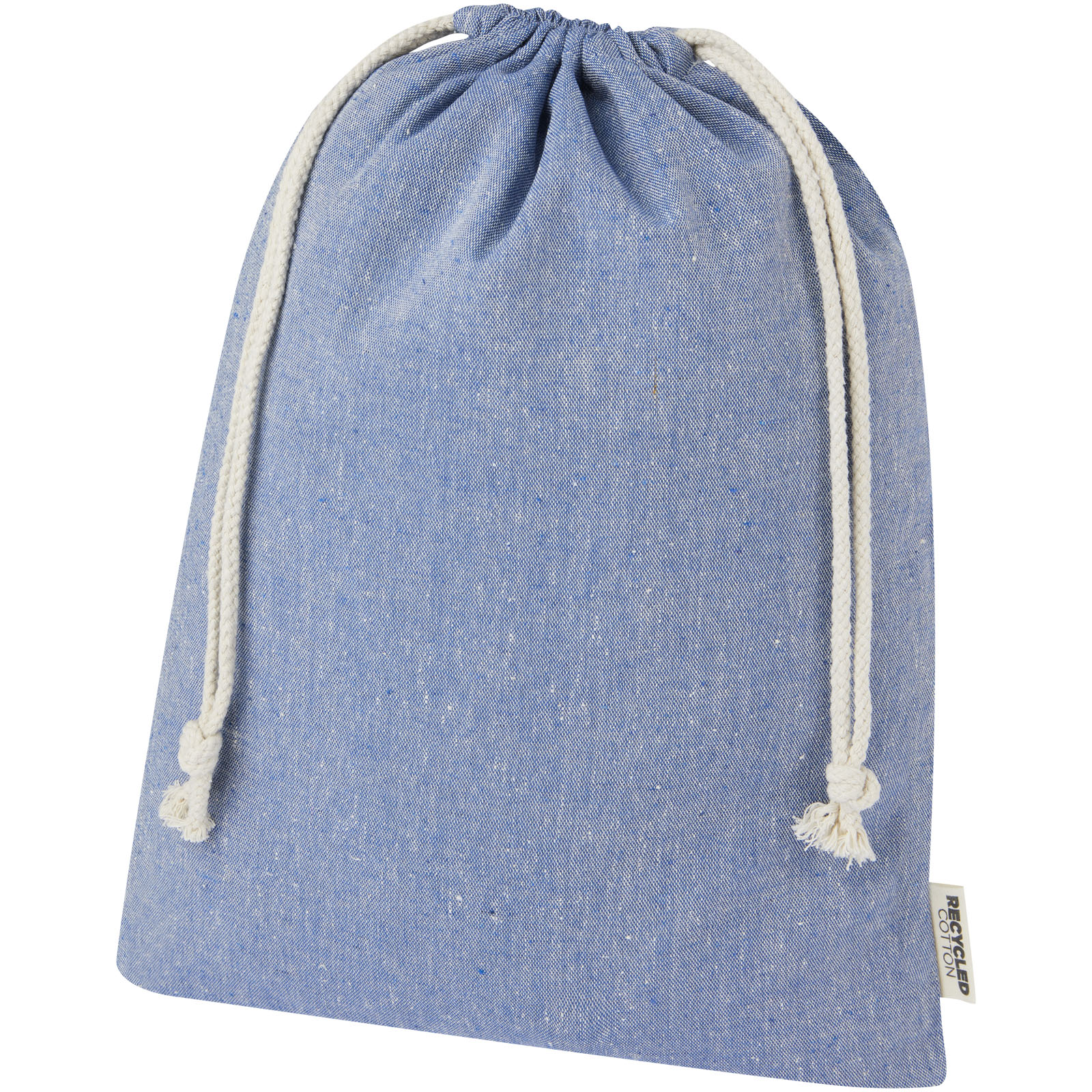 Drawstring-Tasche, Leinenstoff, blaues Beutel, Kordelzug, recycelbares Etikett