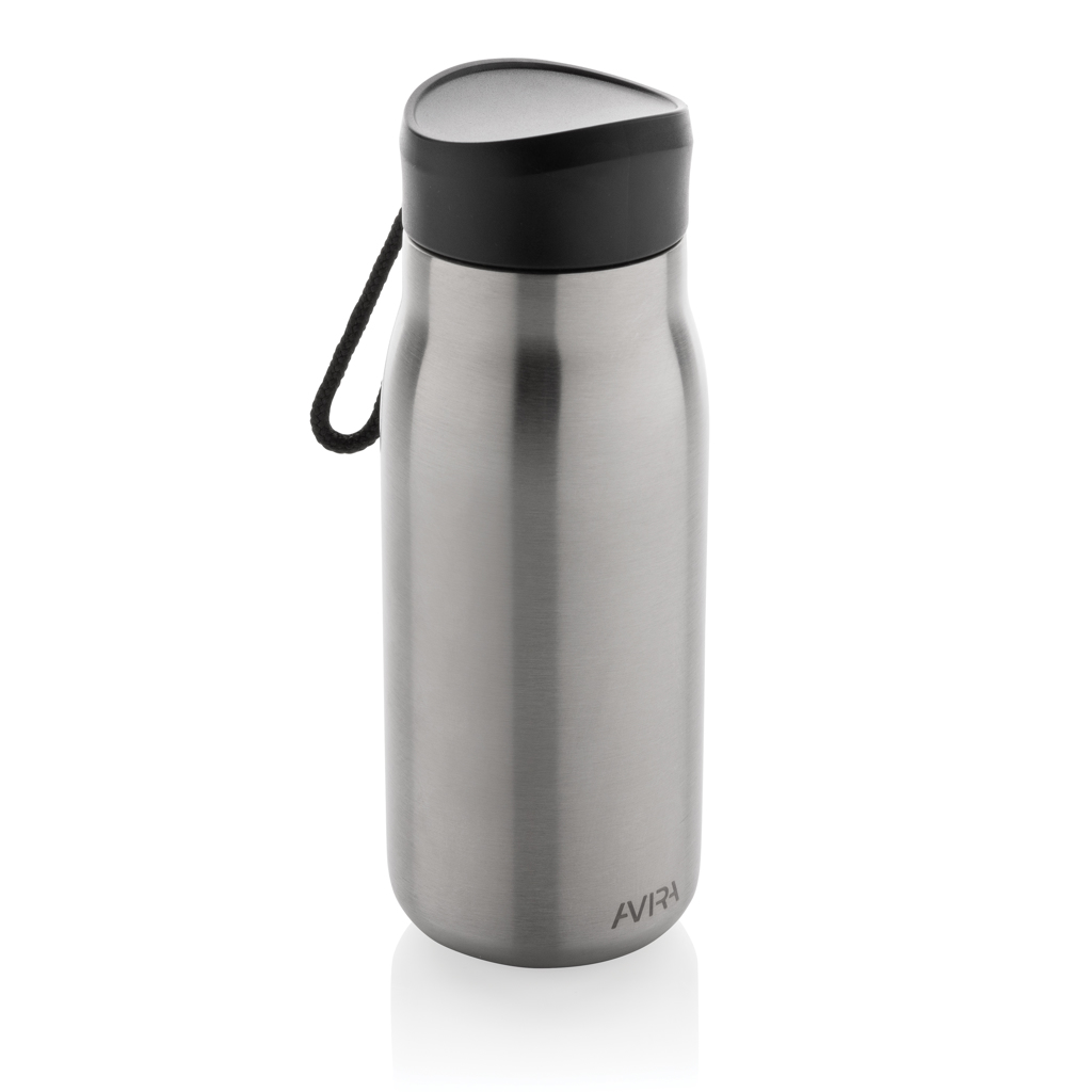 Thermosflasche, Edelstahl, Trinkflasche, Vakuumisoliert, Trageschlaufe, Edelstahlflasche, Wasserflasche, Isoliert, Verschlussdeckel, Trage-Schlaufe, Edelstahlflasche, Wasserflasche, Metall-Thermos, schmale Flasche, schwarzer Deckel