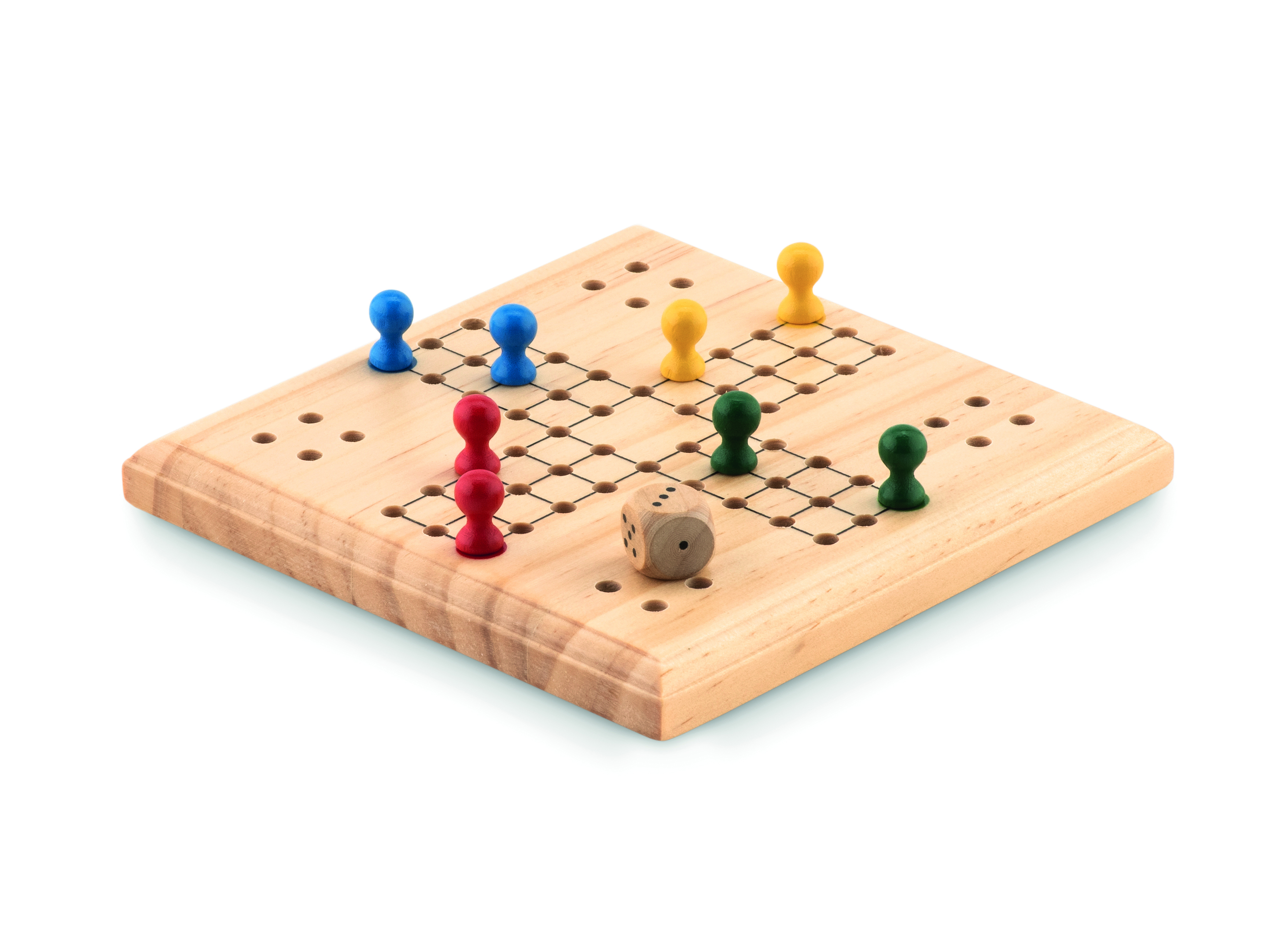 Brettspiel, Halterspiel?, Holzbrett, mehrfarbige Stifte, Würfel